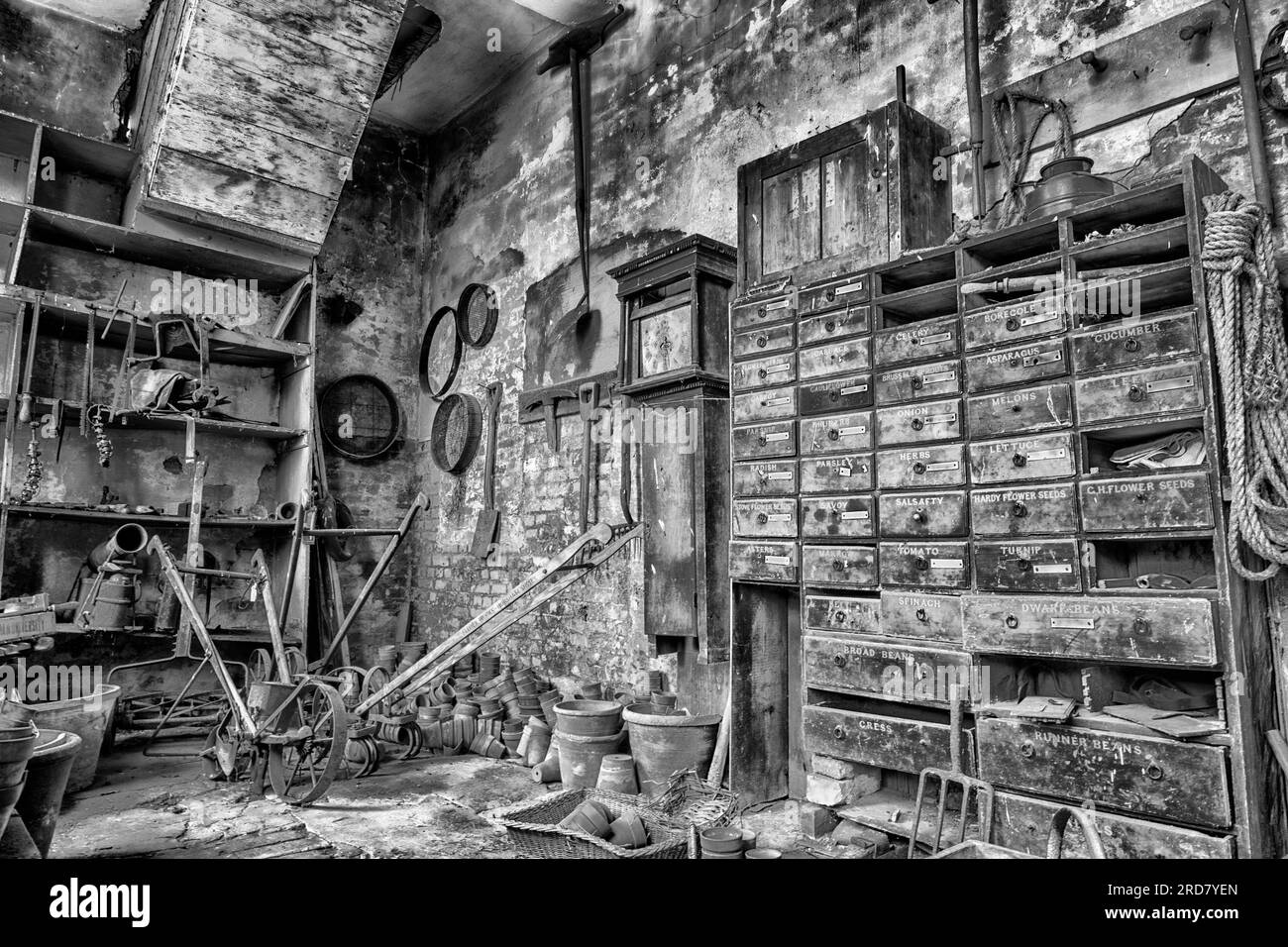 Calke Abbey - National Trust Property - Ticknall, Derbyshire, Angleterre, Royaume-Uni - intérieur de hangar de jardin vintage montrant de vieux outils de jardinage Banque D'Images