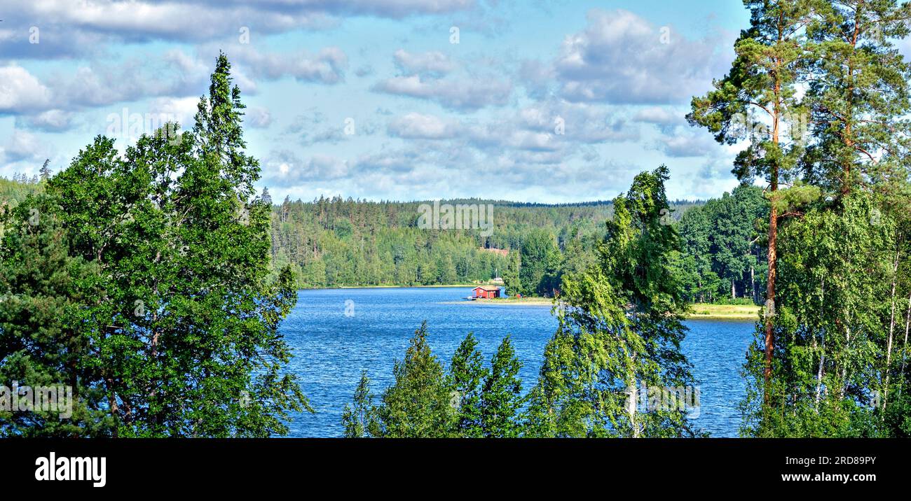 Vue estivale sur le lac Gissen avec cabane de bain près de Vimmerby dans la région Kalmar län (Smaland), Suède Banque D'Images