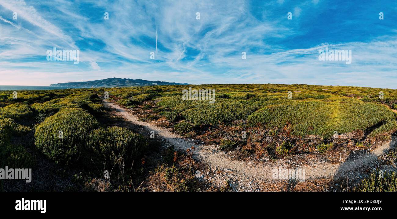 Drone aérien vue panoramique du parc national de Sintra, avec Cabo da Roca à l'extrême gauche, à côté de la plage de Guincho, Cascais, Portugal, Europe Banque D'Images