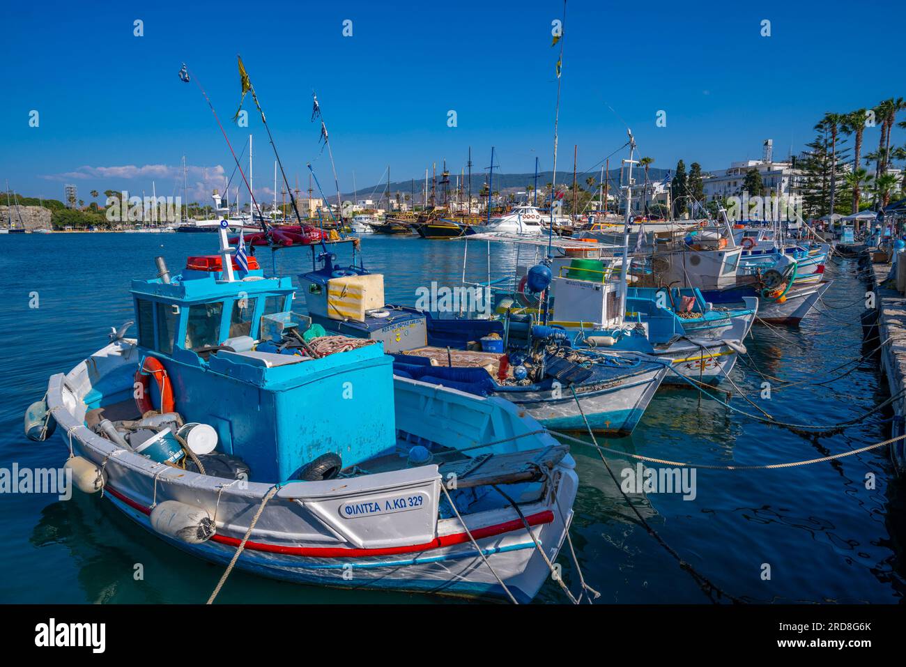 Vue des bateaux et des navires dans le port de Kos, la ville de Kos, Kos, Dodécanèse, îles grecques, Grèce, Europe Banque D'Images