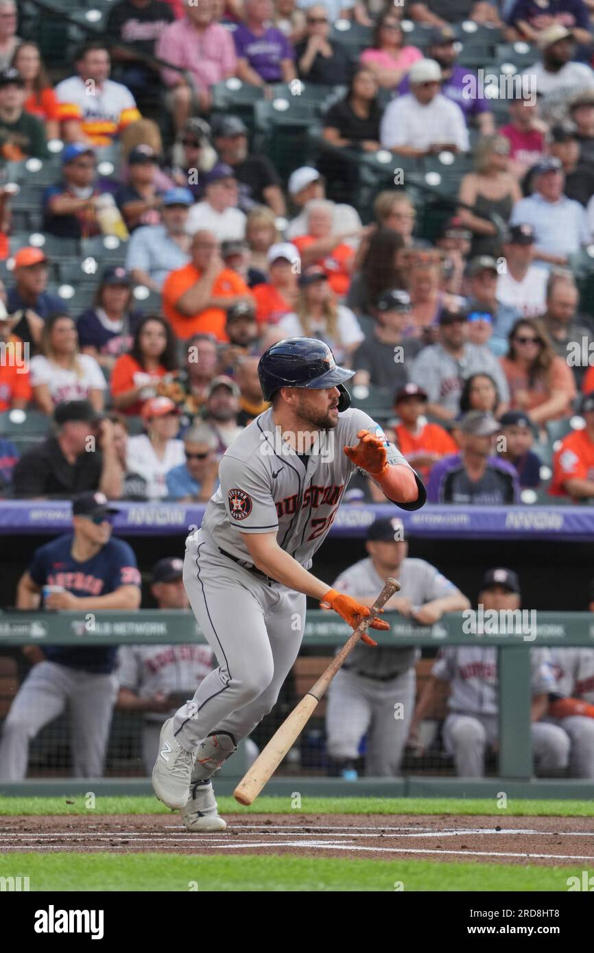 July 18 2023 Houston left fielder Kyle Tucker (30) gets a hit during the  game with Houston Astros and Colorado Rockies held at Coors Field in Denver  Co. David Seelig/Cal Sport Medi(Credit