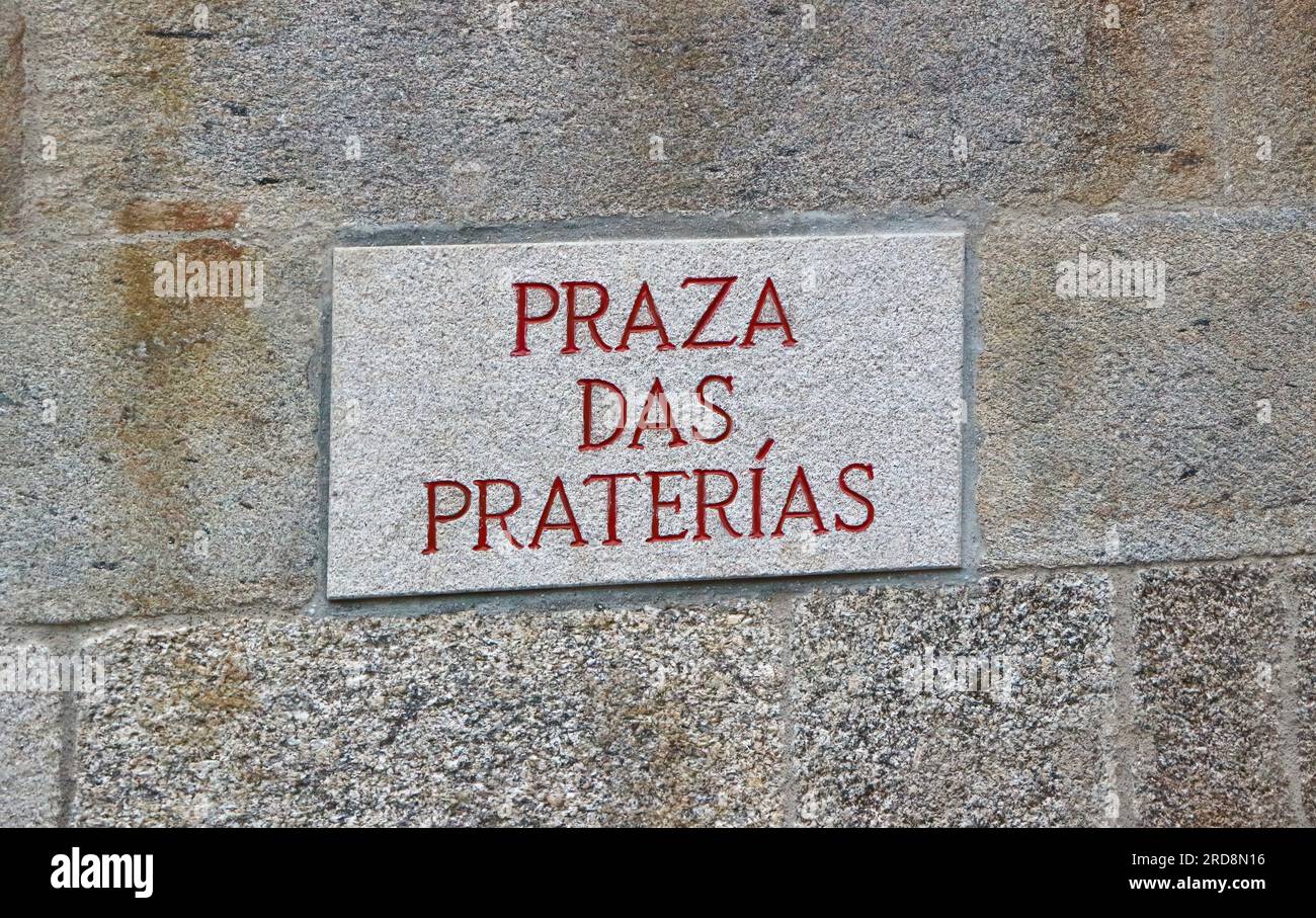 Panneau mural pour Praza das Praterias dans le centre historique de Santiago de Compostela Galice Espagne Banque D'Images