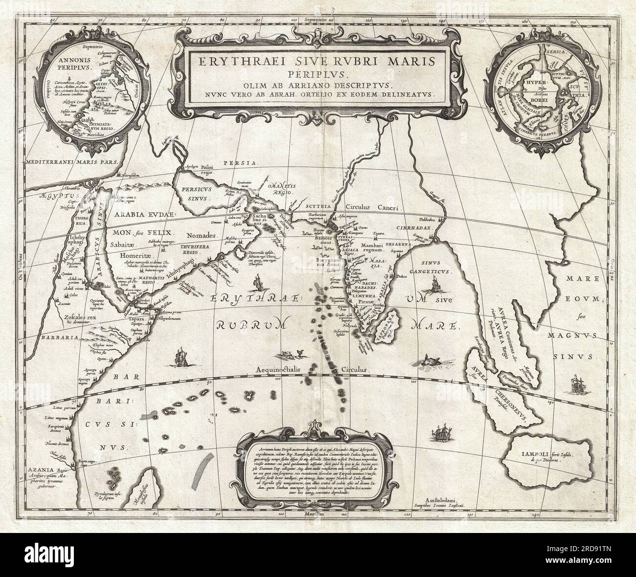 Une carte inhabituelle et attrayante de 1658 de l'océan Indien, ou de la mer d'Erythréenne, comme il était dans l'antiquité. Composé par Jan Jansson d'après une carte similaire de 1597 publiée par A. Ortelius dans son Parergon. Couvre l'Égypte et la vallée du Nil vers l'est en passant par l'Arabie et l'Inde, jusqu'à l'Asie du Sud-est et Java. Cartographiquement, l'Inde, l'Arabie et l'Afrique correspondent approximativement aux conventions de l'époque. L'Asie du Sud-est est moins reconnaissable, mais la péninsule malaise, Sumatra et Java sont clairement notés. La plupart des noms de lieux utilisés tout au long sont dérivés de Ptolémée, qui lui-même a basé sa description de la région h. Banque D'Images Une carte inhabituelle et attrayante de 1658 de l'océan Indien, ou de la mer d'Erythréenne, comme il était dans l'antiquité. Composé par Jan Jansson d'après une carte similaire de 1597 publiée par A. Ortelius dans son Parergon. Couvre l'Égypte et la vallée du Nil vers l'est en passant par l'Arabie et l'Inde, jusqu'à l'Asie du Sud-est et Java. Cartographiquement, l'Inde, l'Arabie et l'Afrique correspondent approximativement aux conventions de l'époque. L'Asie du Sud-est est moins reconnaissable, mais la péninsule malaise, Sumatra et Java sont clairement notés. La plupart des noms de lieux utilisés tout au long sont dérivés de Ptolémée, qui lui-même a basé sa description de la région h. Banque D'Images