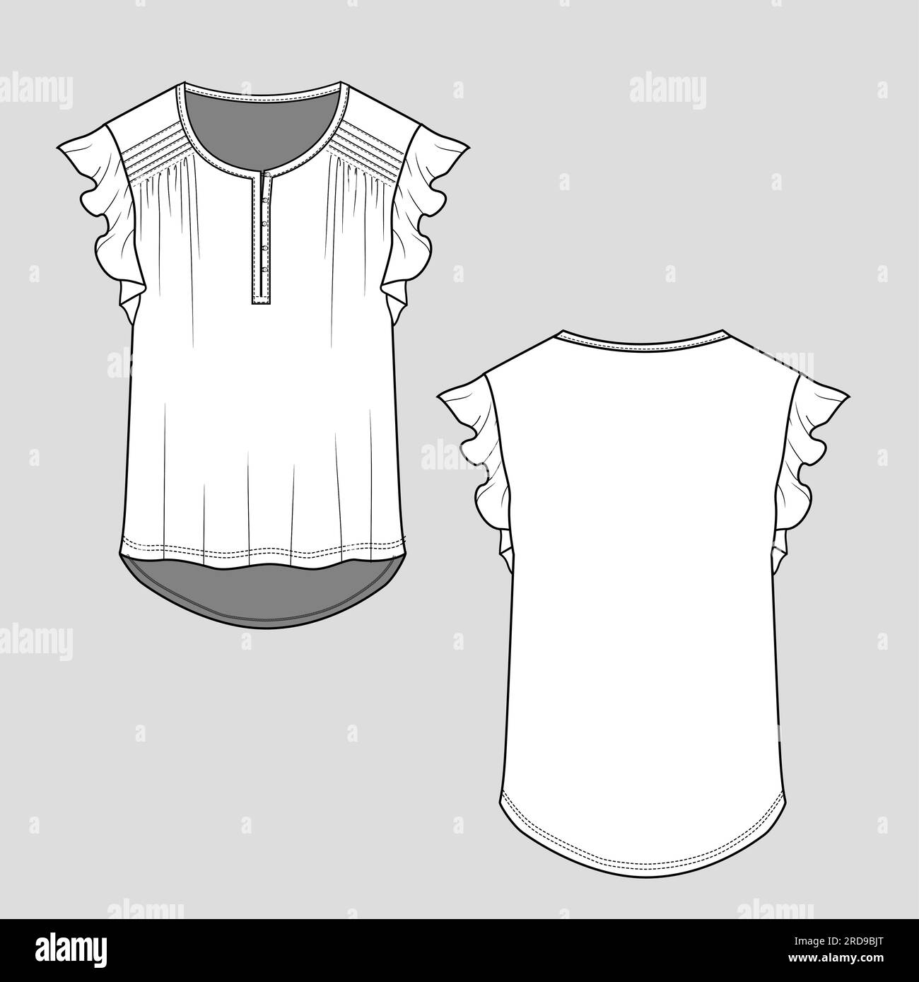 Femme col boutonné patte bouton épaule Fancy Pleated Gathering Ruffles manches t-shirt haut chemisier modèle plat dessin technique conception Illustration de Vecteur