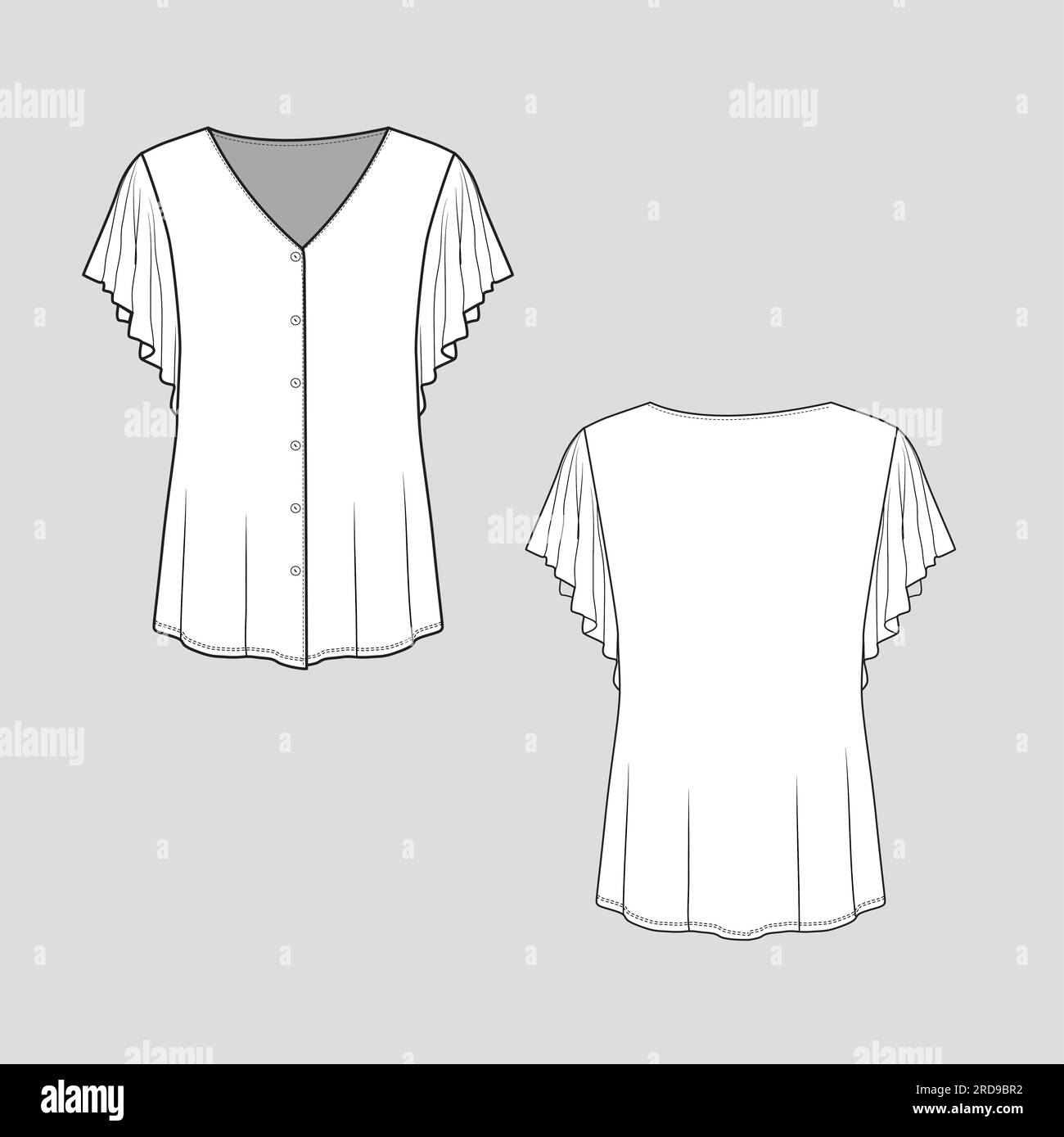 T-shirt femme Ruffles Sleeve v col Full Open Button panel Flat sketch modèle de dessin technique design vector -01 Illustration de Vecteur