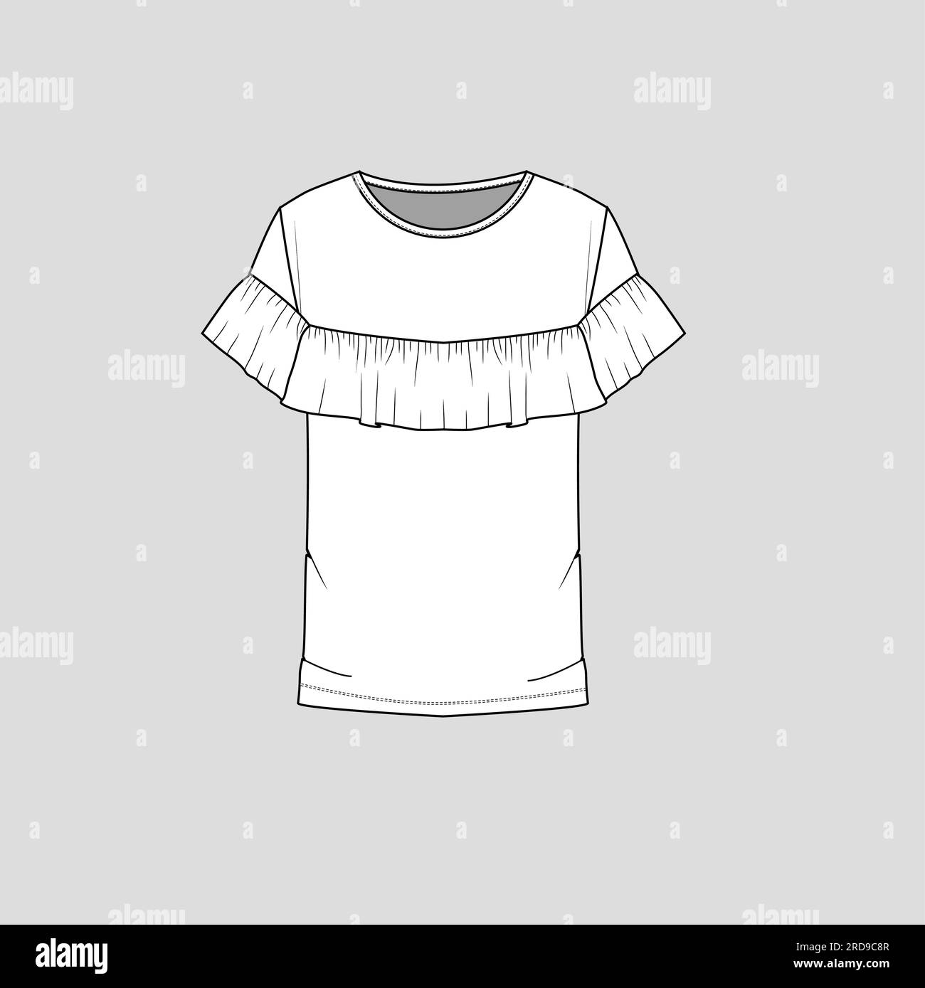 Femmes Ruffles mode t-shirt haut col rond esquisse plate dessin technique vecteur conception Illustration de Vecteur