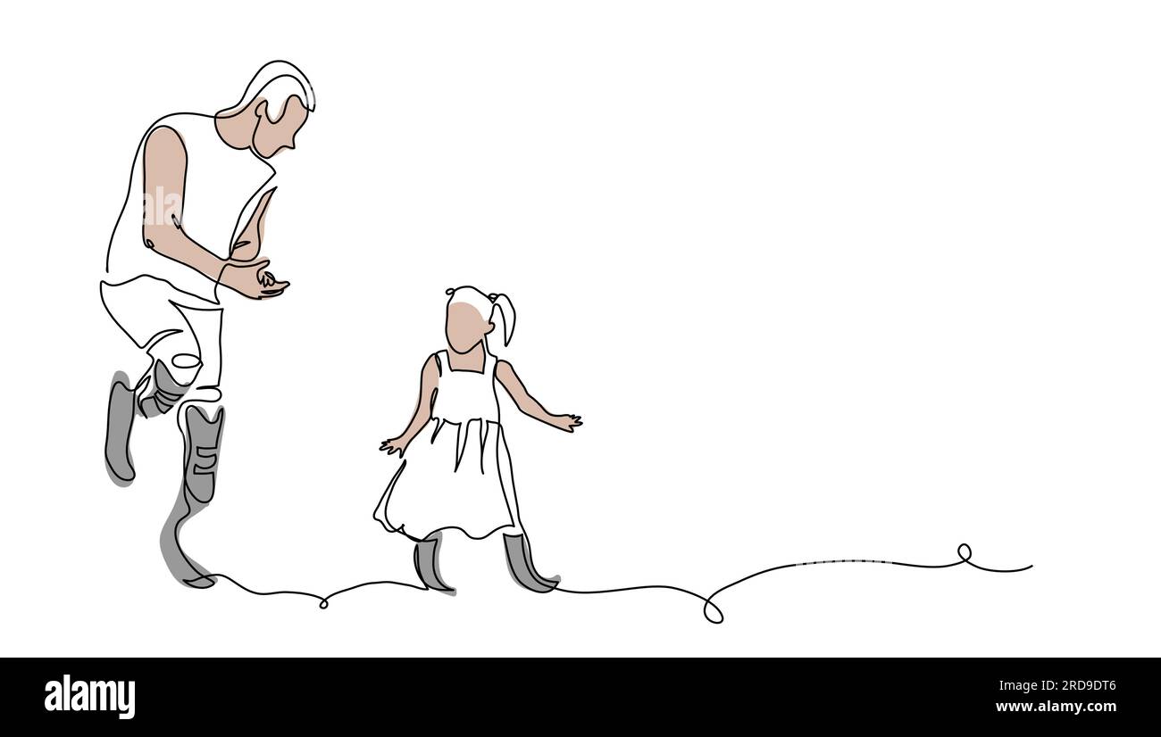 Homme et petite fille avec des jambes prothétiques, des membres artificiels dansent. Un dessin au trait continu de personnes portant des prothèses. Vecteur simple Illustration de Vecteur