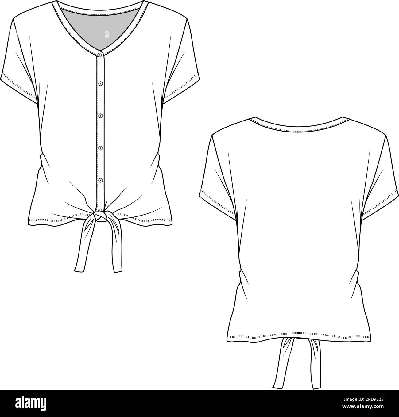Femmes décontracté Henley pleine ouverture T-shirt Knotted haut technique esquisse plate dessin vectoriel conception Illustration de Vecteur