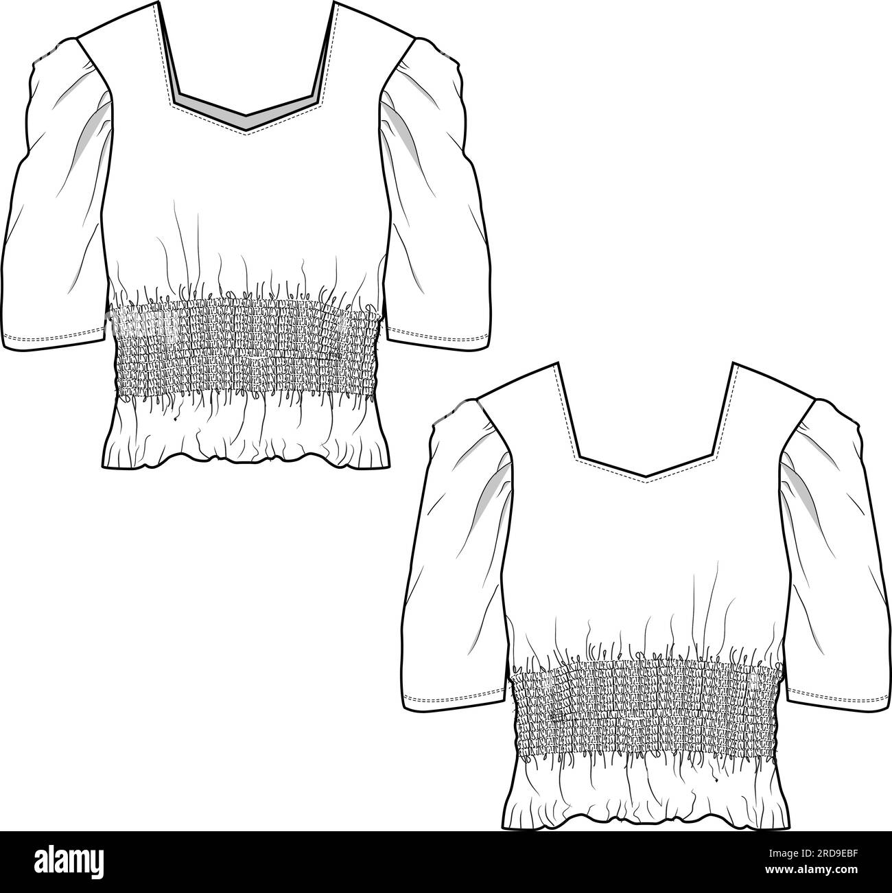 Femme mode chemisier fumeur rassemblement manche haut technique dessin plat vecteur Illustration de Vecteur
