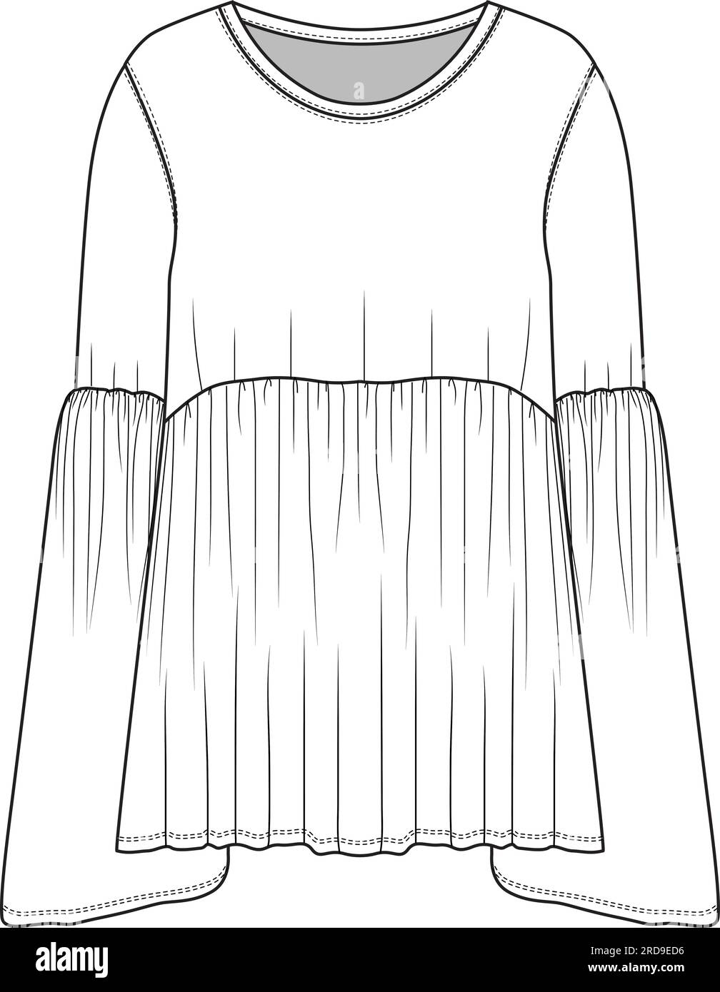 Femmes Fashion Bell Sleeve Peplum top technique dessin plat Illustration de Vecteur