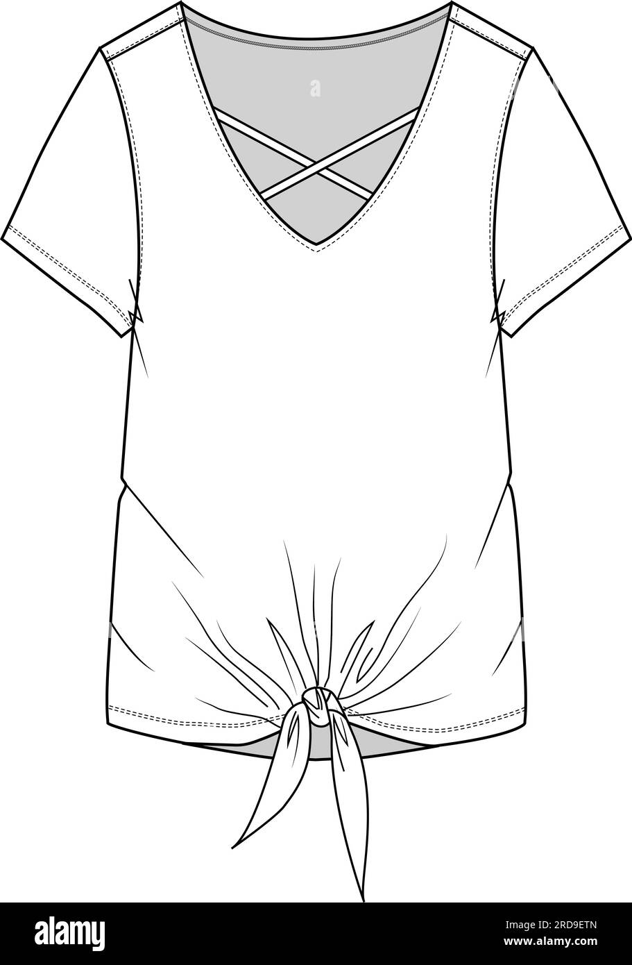 Femmes Fashion v encolure croise devant noeud top technique modèle de dessin plat Illustration de Vecteur