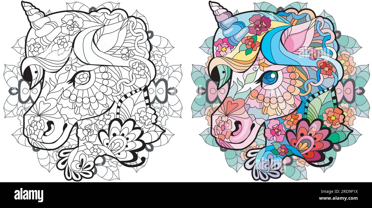 licorne tête sur mandala zentangle stylisé pour la coloration. Peut être utilisé pour l'impression sur t-shirt, papier peint ou affiche. Pour la conception de livres de coloriage, impressions Illustration de Vecteur