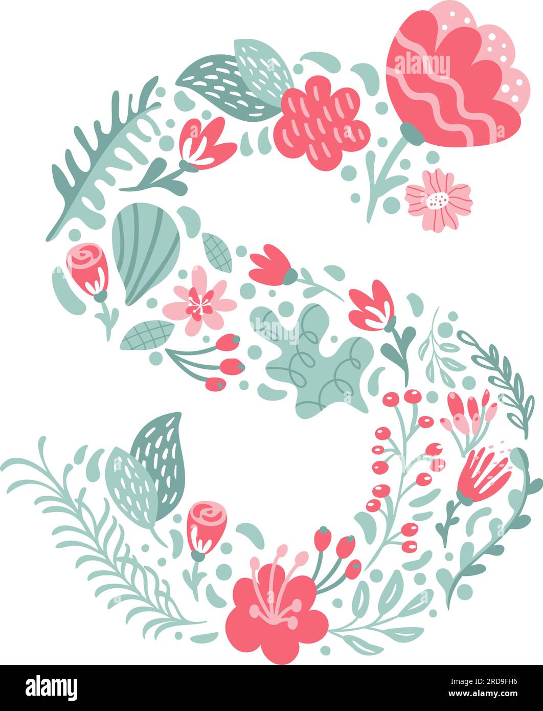 Vector Hand Drawn font Letter S avec fleurs et branches Blossom Spring ...