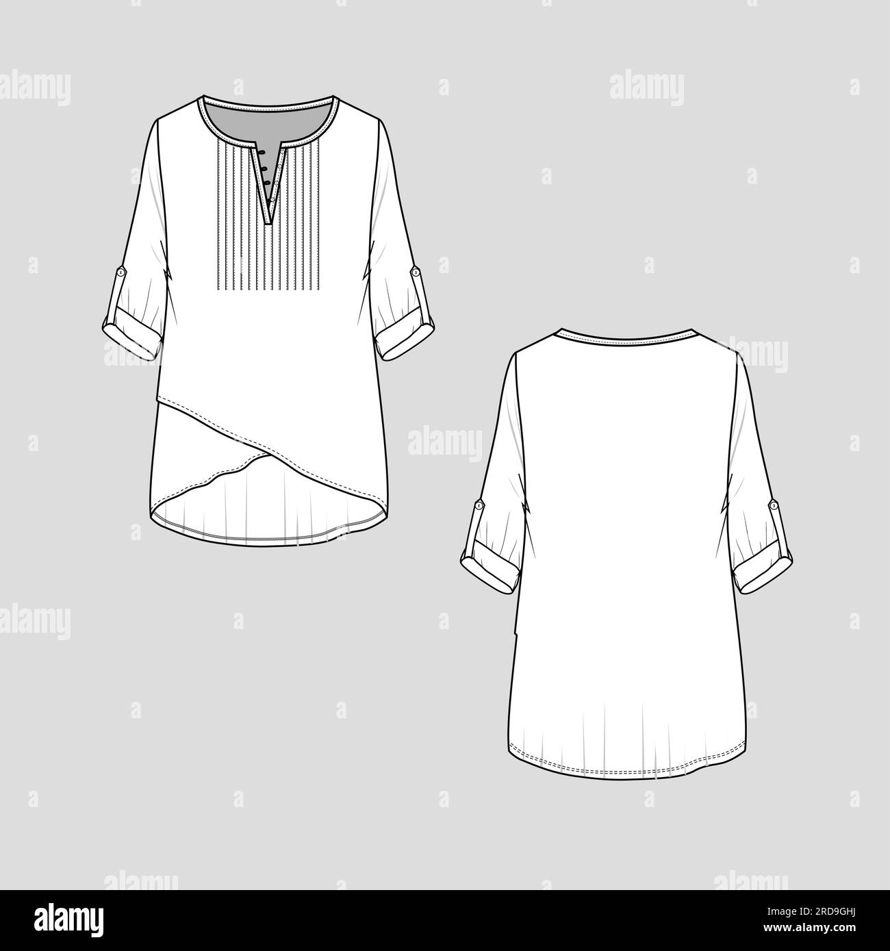 Tunique Femme Longue En Pur Coton - Col Chinois, Manches 3/4, Fente Devant - Style Kurti/Kurta Unie - Longueur ~115 Cm
