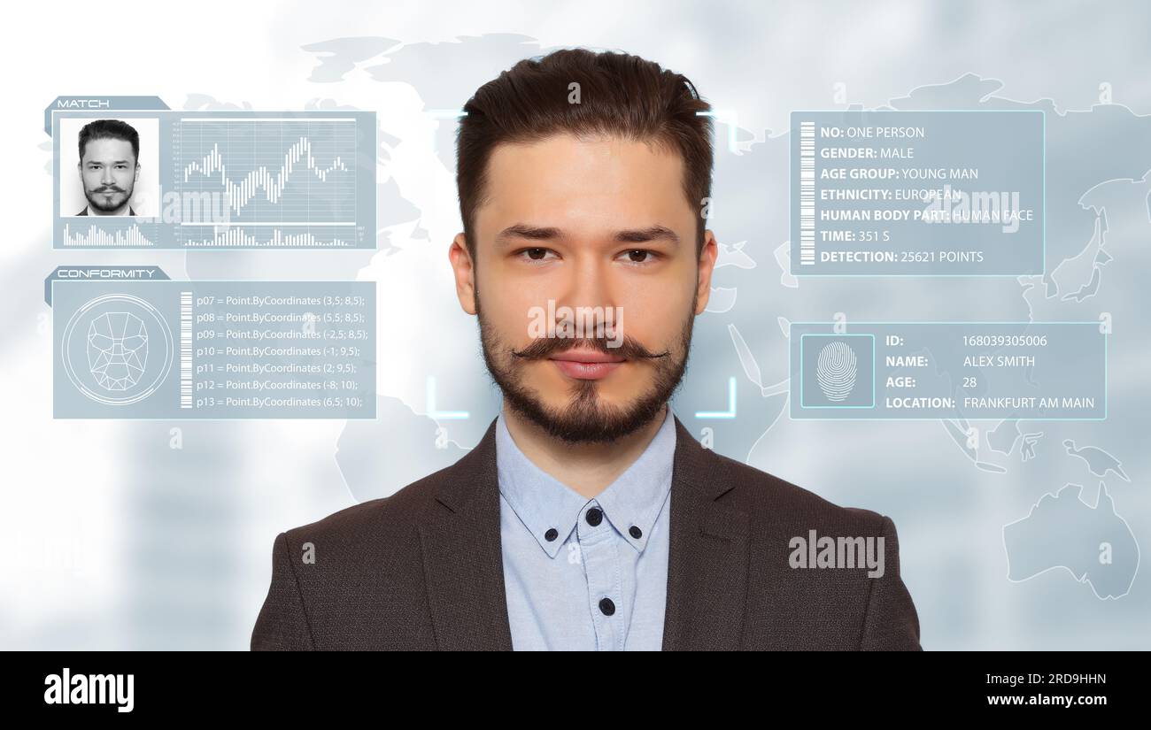 Système de reconnaissance faciale. Homme avec cadre de scanner et données personnelles sur fond blanc avec carte du monde Banque D'Images