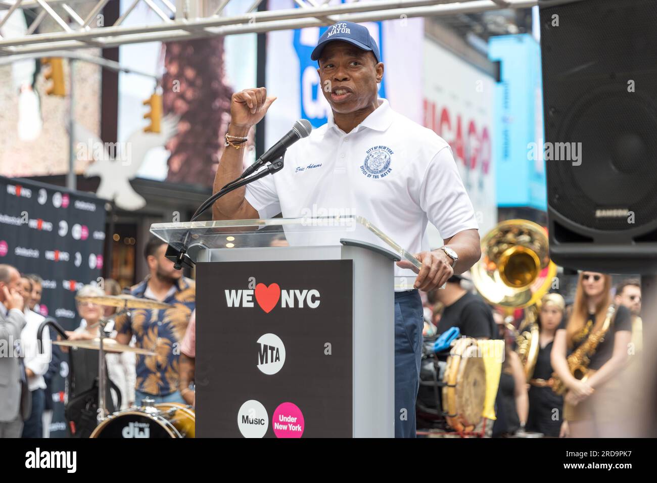 Times Square, New York, NY 19 juillet 2023, Eric Adams à la conférence de presse pour le maire Adams, MTA, et WELOVENYC lancent First-Ever Music Under New York Riders' Choice Award, Times Square, New York, NY 19 juillet 2023. Crédit : Brazil photo Press/Alamy Live News Banque D'Images