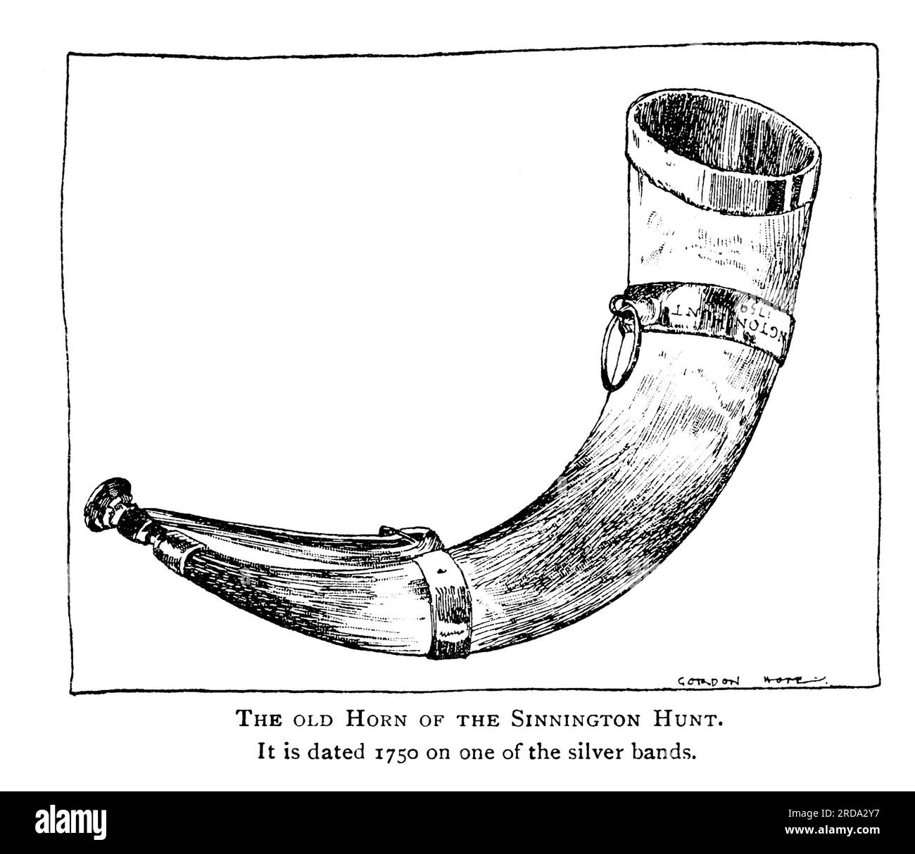 Horn of the Sinnington Hunt de 1750 tiré du livre ' l'évolution d'une ville anglaise ; étant l'histoire de l'ancienne ville de Pickering dans le Yorkshire, des temps préhistoriques jusqu'à l'année de notre Seigneur Ninforeten Hundred & 5 ' par Gordon Home, Éditeur Londres, J.M. Dent & co. ; New York, E.P. Dutton & co. 1905 Banque D'Images