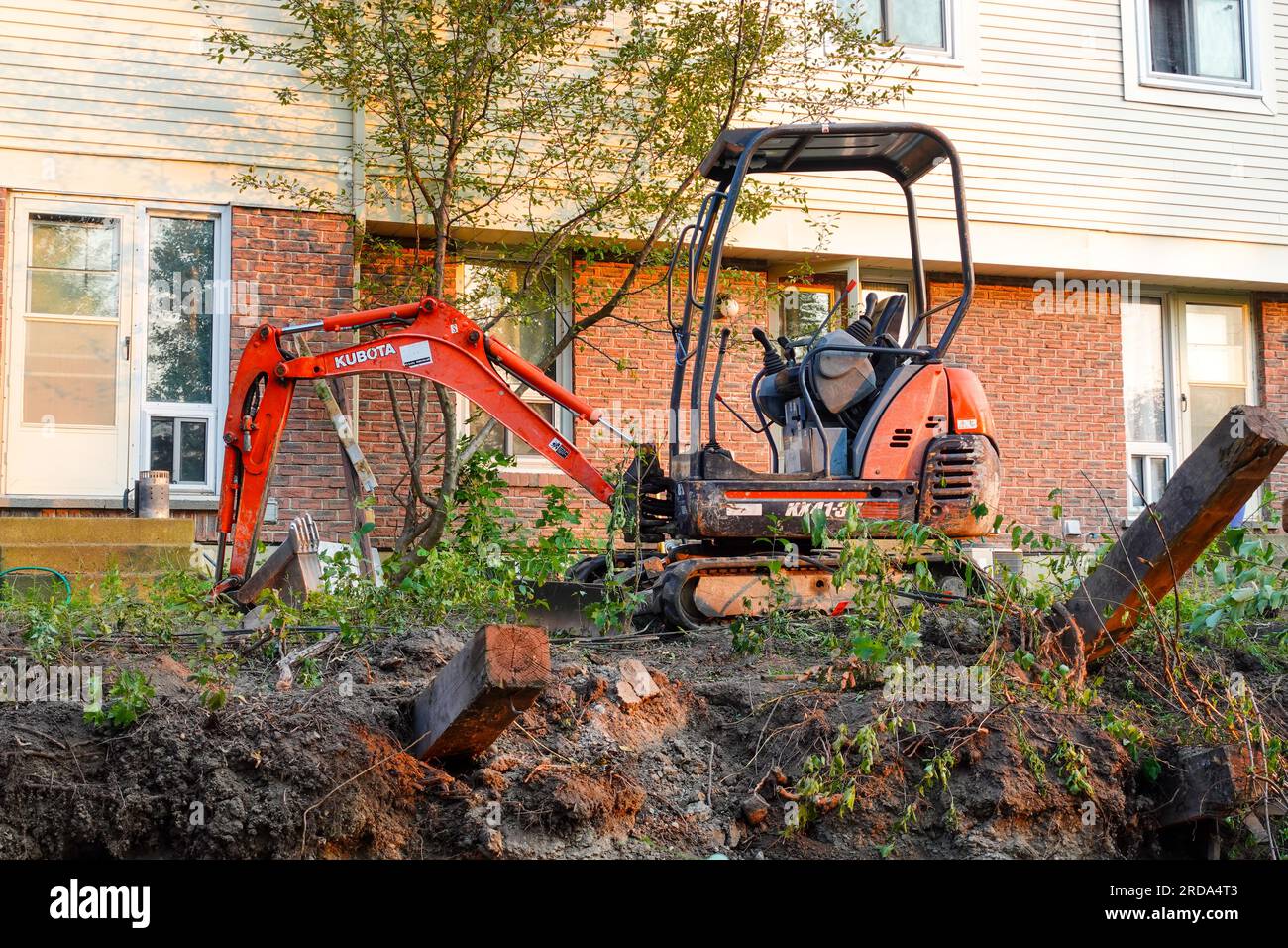 Une mini pelle pour la rénovation de cour arrière Banque D'Images