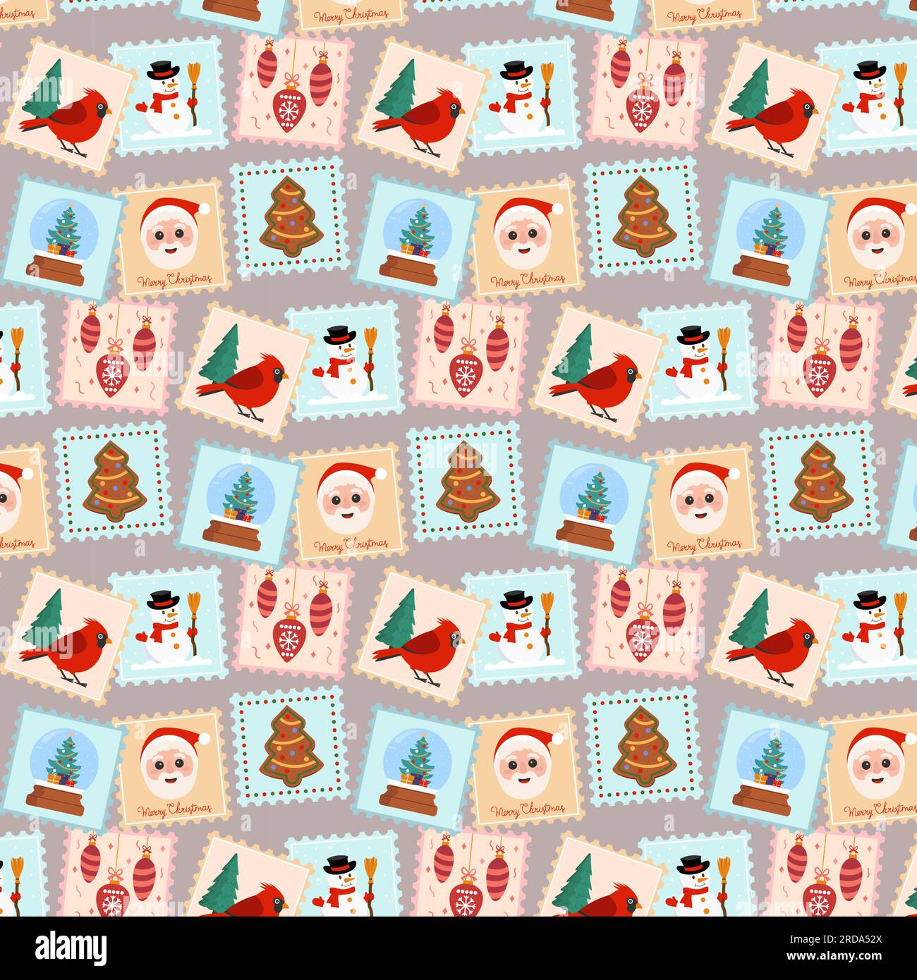 Motif de Noël avec timbres postaux. Illustration vectorielle colorée dans le style plat pour l'arrière-plan Illustration de Vecteur