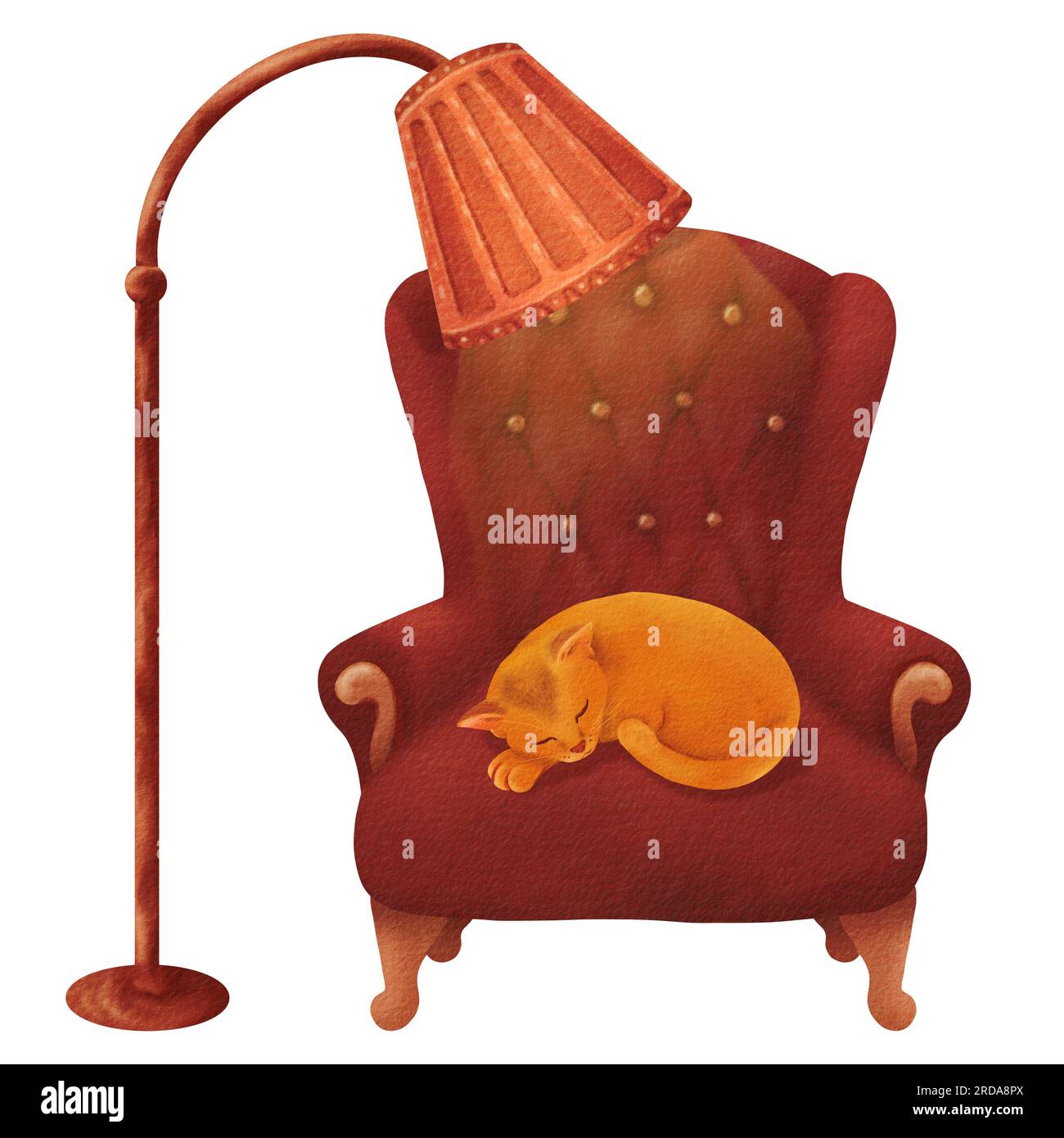 Composition de maison confortable de soirée. Un mignon chat rouge dort sur un fauteuil rembourré bordeaux à la maison. La lumière chaude du lampadaire brille sur le chat Banque D'Images