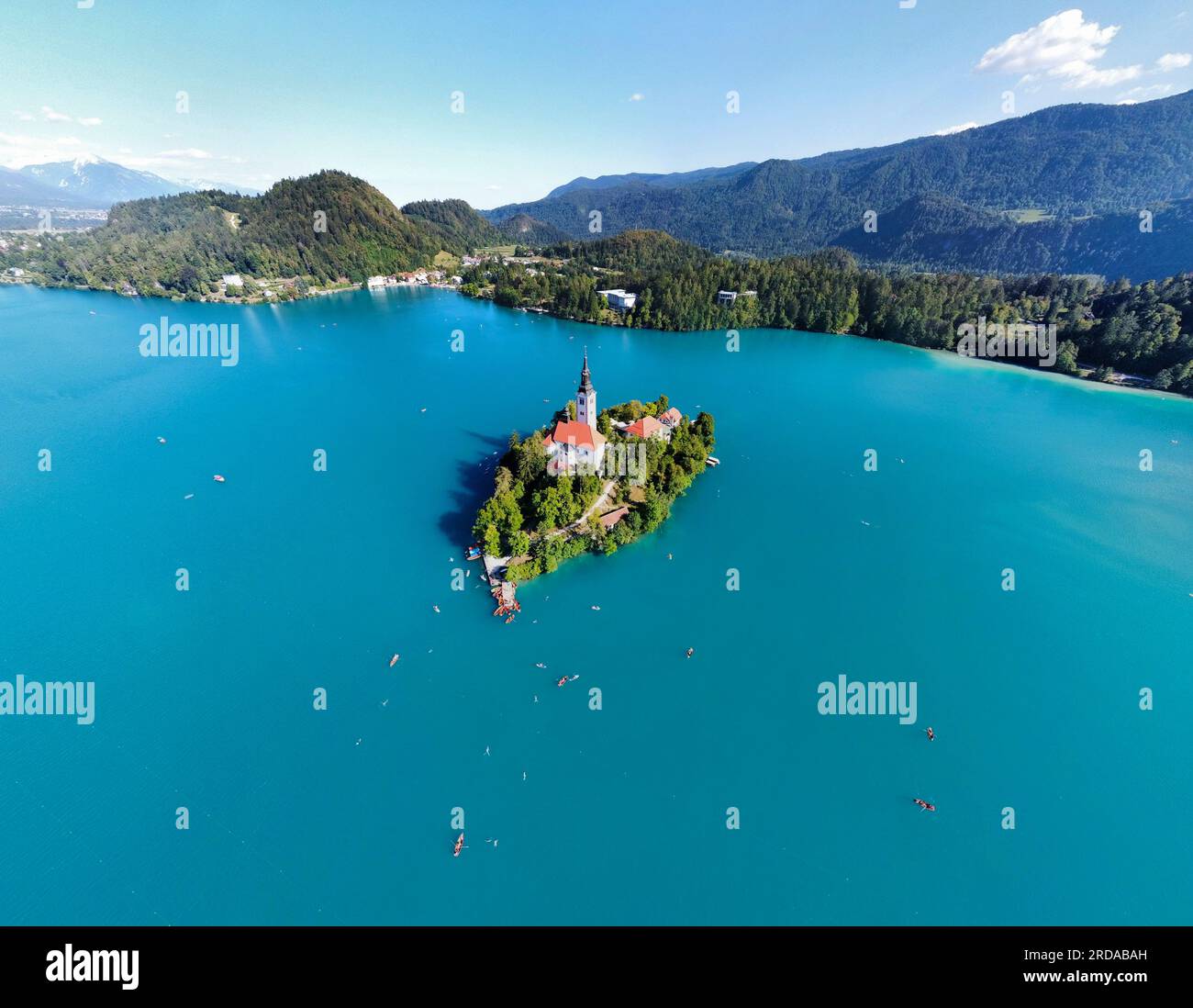 Vue drone du lac de Bled - Bled, Slovénie Banque D'Images