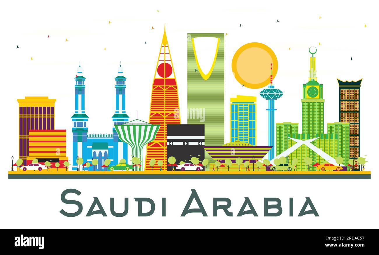 Skyline d'Arabie Saoudite avec des repères de couleur isolés sur blanc. Illustration vectorielle. Voyage d'affaires et concept de tourisme. Paysage urbain de l'Arabie saoudite. Illustration de Vecteur