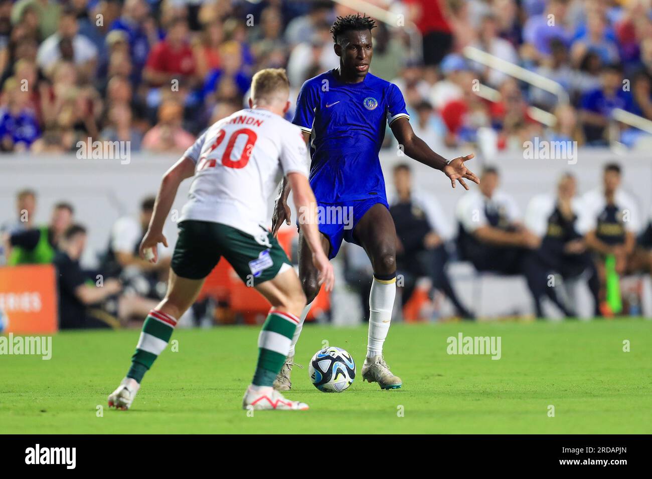 Chapel Hill, Caroline du Nord, États-Unis. 19 juillet 2023. Nicholas Jackson (43), attaquant du Chelsea FC, se déplace pour un coéquipier lors du match de la série FC entre Chelsea FC et Wrexham AFC au Kenan Memorial Stadium à Chapel Hill, Caroline du Nord. Greg Atkins/CSM/Alamy Live News Banque D'Images