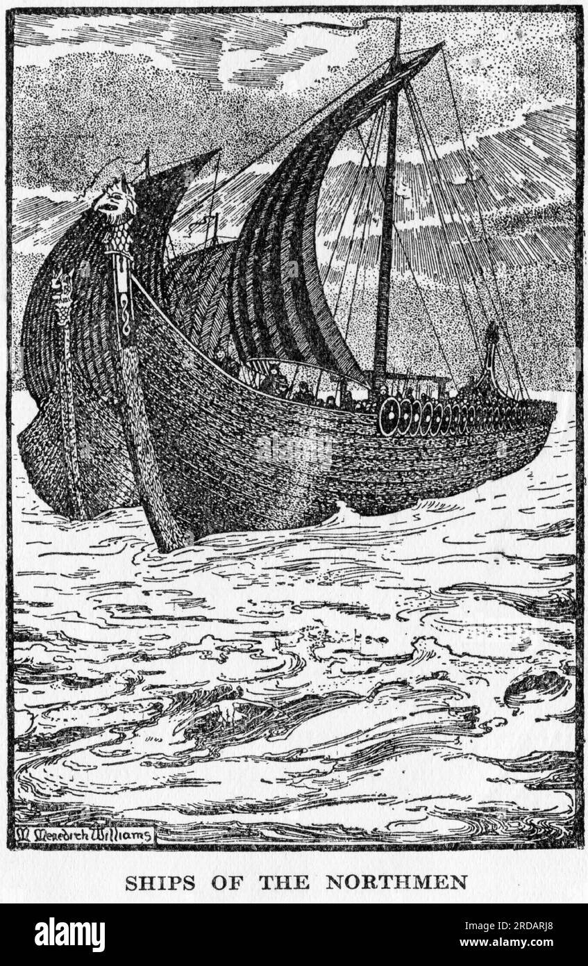 Gravure des navires des raiders viking, connus sous le nom de Northmen, publiée vers 1896 Banque D'Images