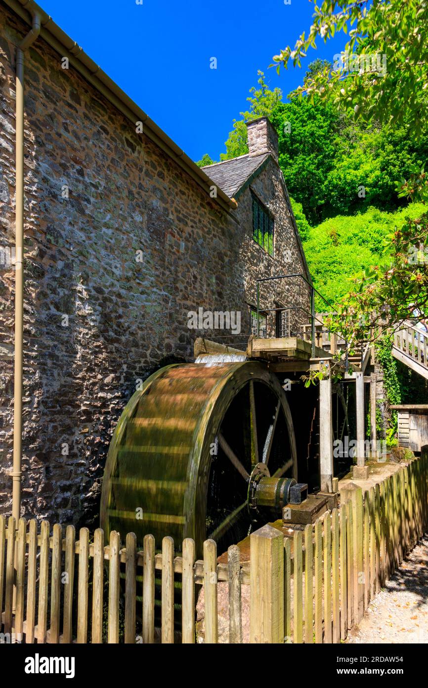 Le moulin à eau River Avill avec une roue de moulin en bois à Dunster Castle, Somerset, Angleterre, Royaume-Uni Banque D'Images