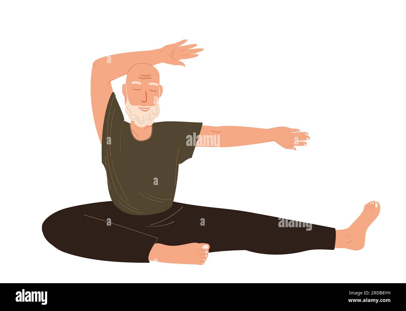 Personnage masculin âgé étirant, realxing avec les mains levées.Homme retraité engageant la pratique du yoga isolé, fond blanc.Homme âgé méditant, Practisi Banque D'Images