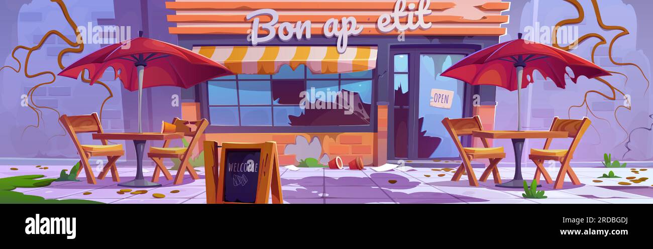 Scène de dessin animé de vecteur de restaurant de rue abandonnée. Café de ville en plein air cassé avec mur de briques. Terrasse de bistro urbain en ruine et parasol déchiré. Bar de ville négligé avec toile d'araignée et décoration panoramique de vigne Illustration de Vecteur
