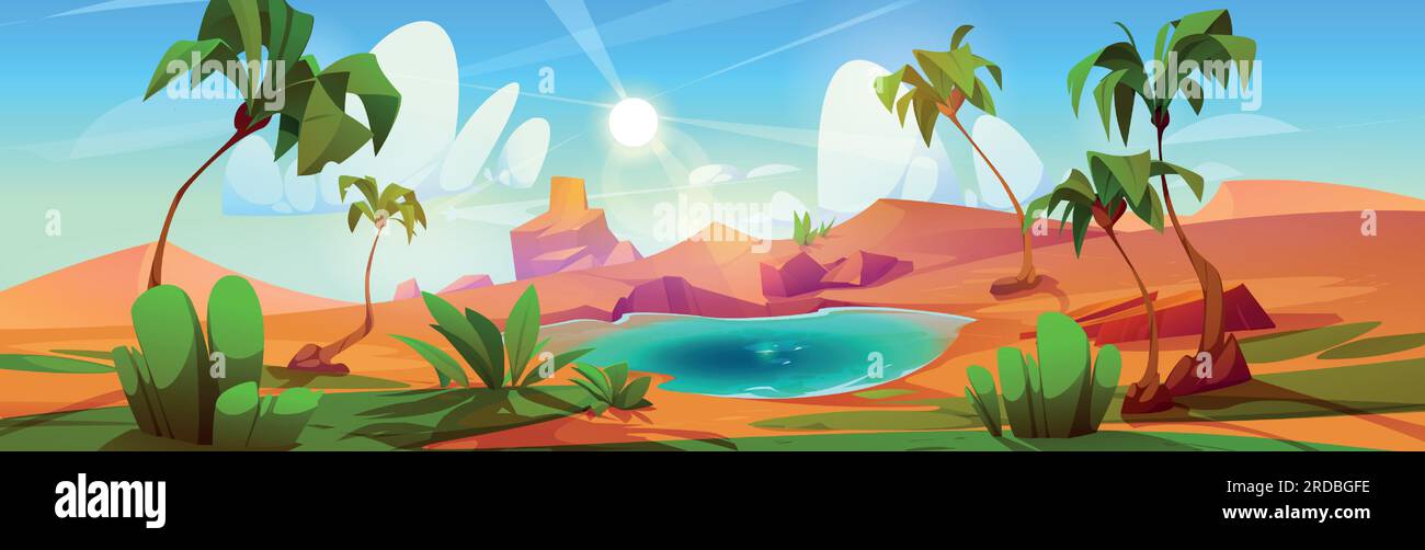 Oasis de désert de dessin animé avec lac et palmiers. Illustration vectorielle de paysage sablonneux avec dunes, plantes tropicales vertes, eau bleue dans l'étang, soleil chaud brillant dans le ciel avec des nuages. Fond de jeu de voyage Illustration de Vecteur