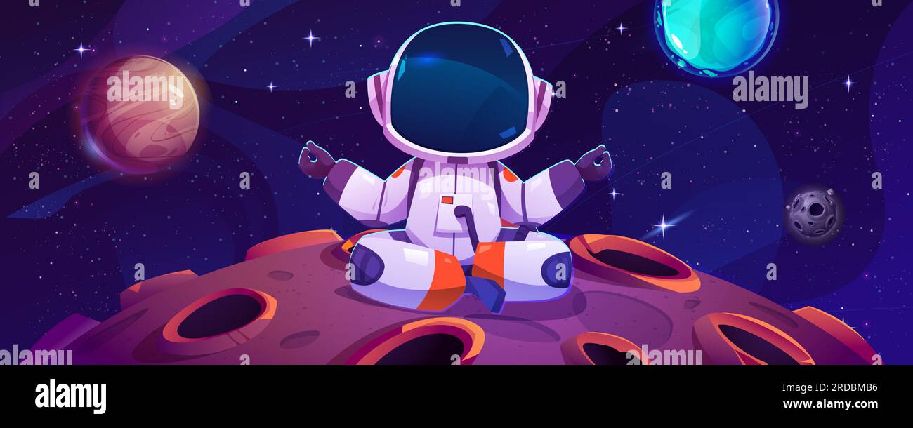 Astronaute assis sur la lune et l'illustration vectorielle de méditation de yoga spatial. Fond de constellation dessin comique de spaceman. Fond d'écran d'astronomie de planète ou d'étoile extérieure. Personnage enfantin détendez-vous sur le météore Illustration de Vecteur