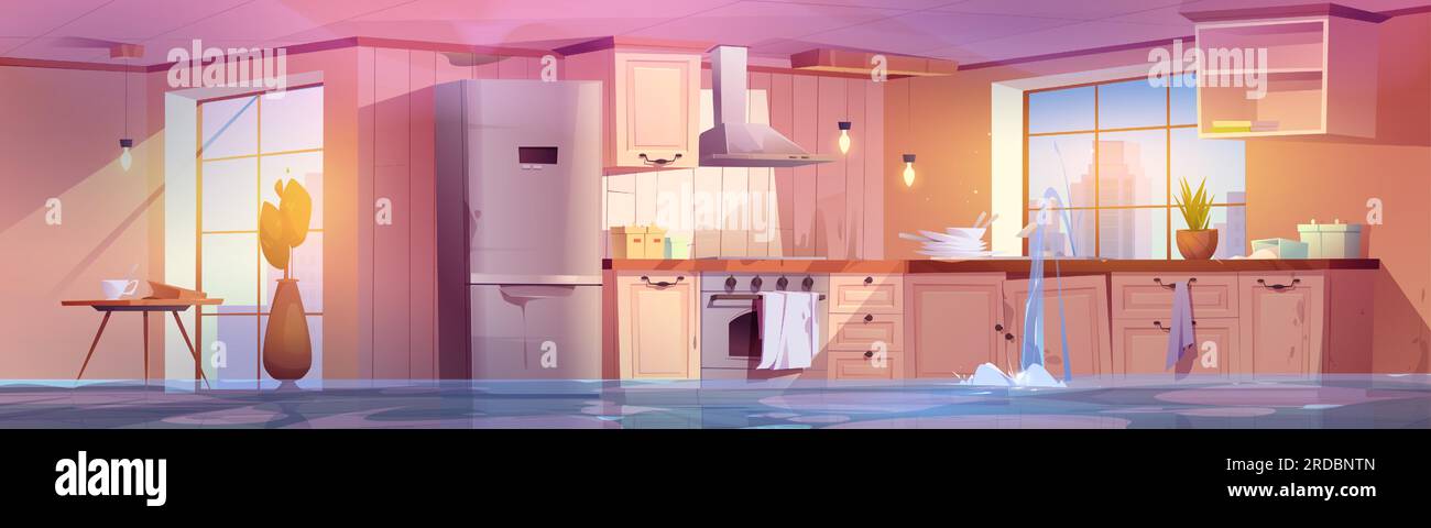 Illustration vectorielle de dessin animé de salle de cuisine à la maison d'inondation et brisée. Intérieur de maison rustique abandonné et endommagé avec fond de problème de fuite d'assurance. Rayon ensoleillé dans la fenêtre avec vue de paysage urbain près de la table Illustration de Vecteur