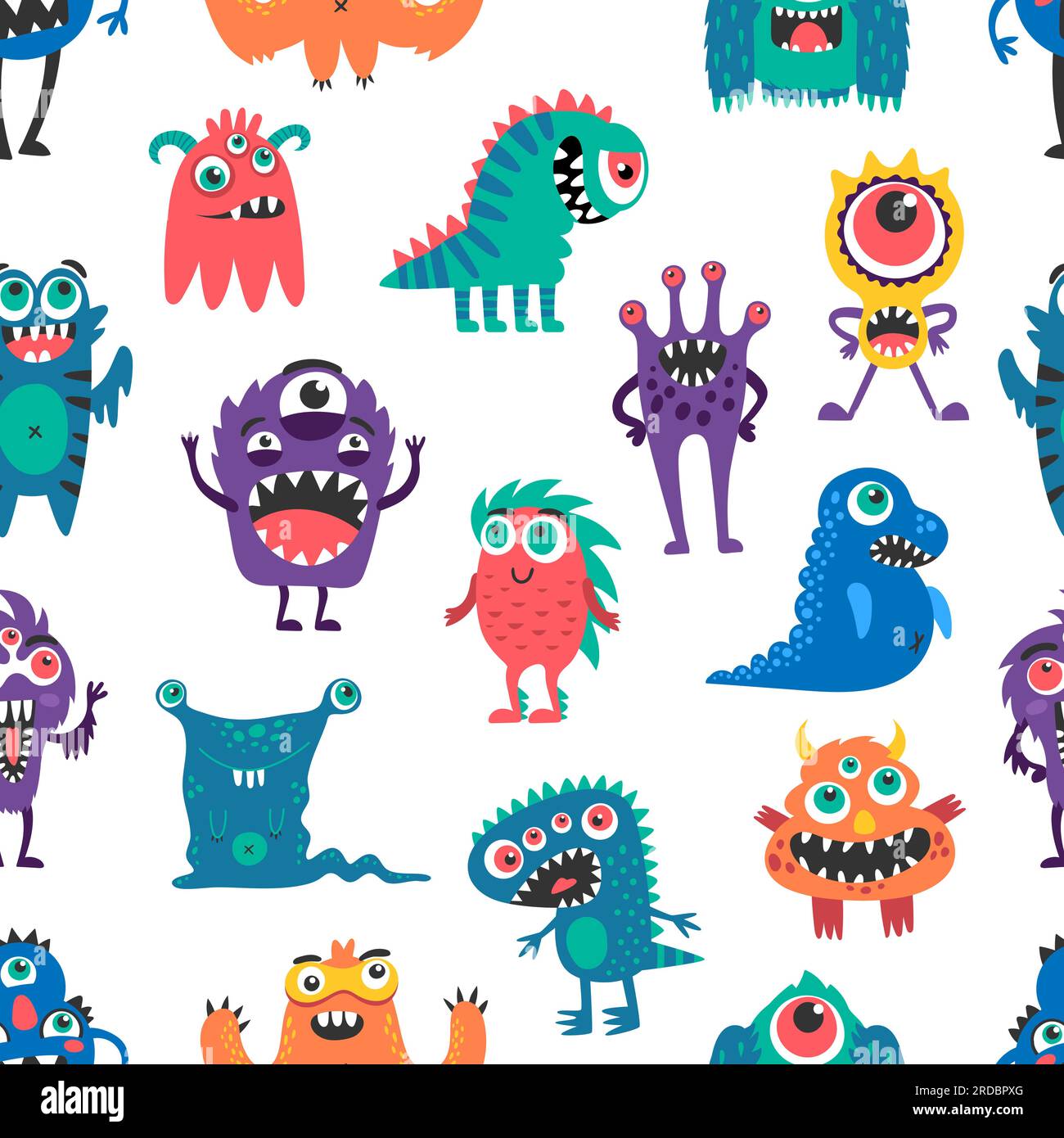 Dessin animé monstre personnages modèle sans couture, fond vectoriel avec des créatures drôles. Joyeux animaux extraterrestres bizarres et monstres heureux, trolls et yéti bigfoot et cyclope avec Gremlin dans le motif Illustration de Vecteur