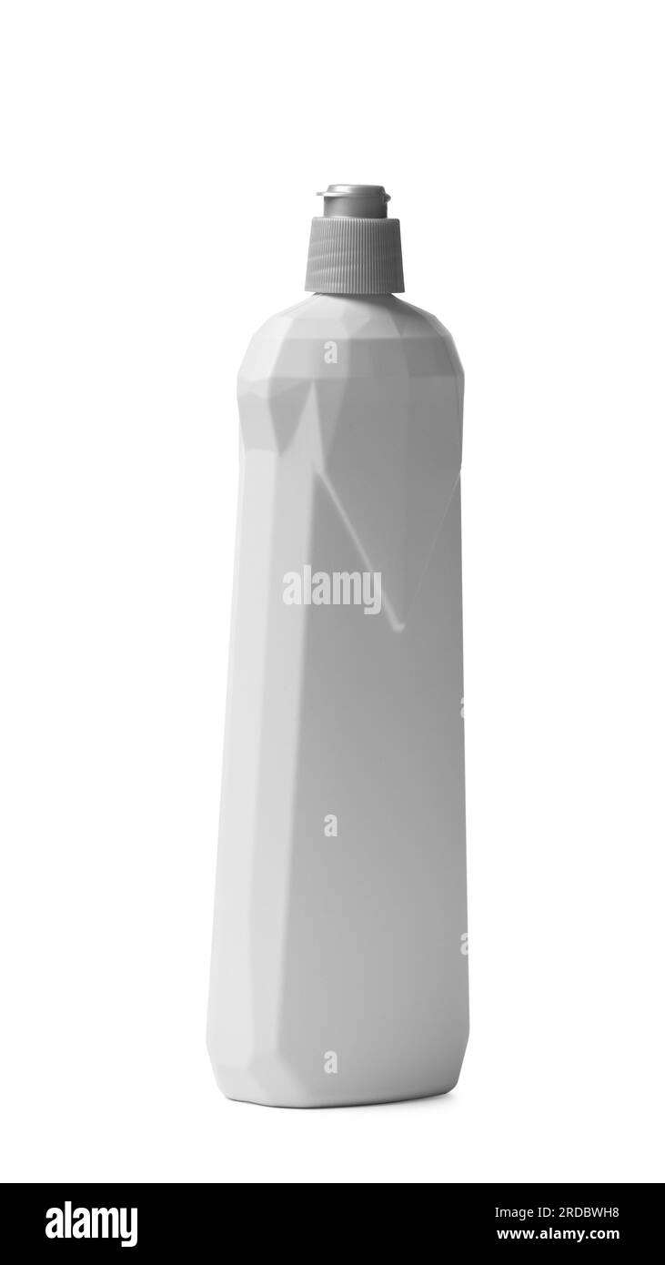 Flacon en plastique pour produits chimiques domestiques, détergents, liquide de rinçage pour lave-vaisselle, isolé sur fond blanc. Banque D'Images