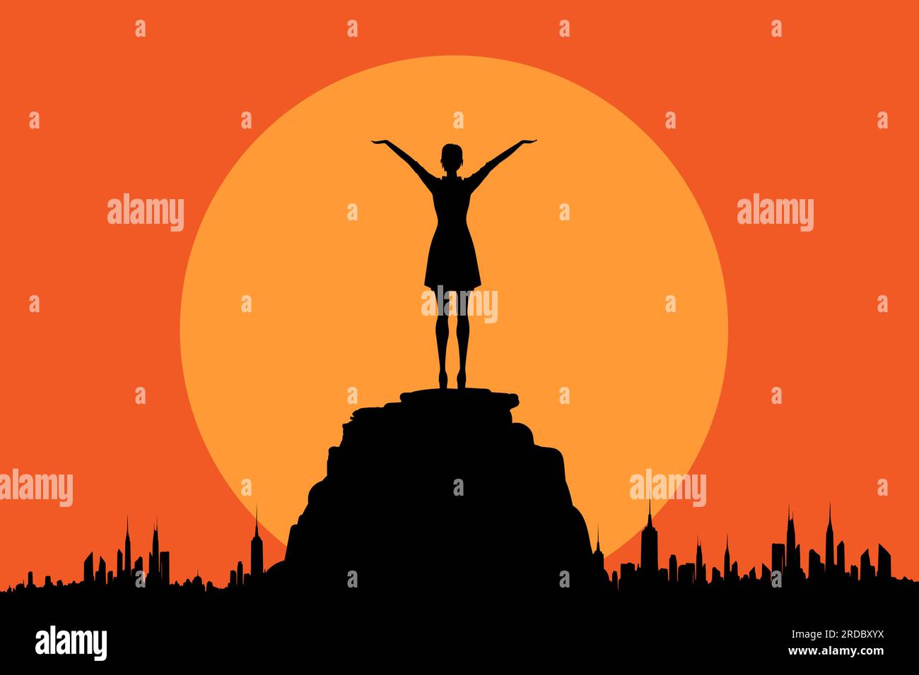 Scène d'une silhouette de femme heureuse debout sur le sommet de la montagne et une ville en arrière-plan. Illustration vectorielle Illustration de Vecteur