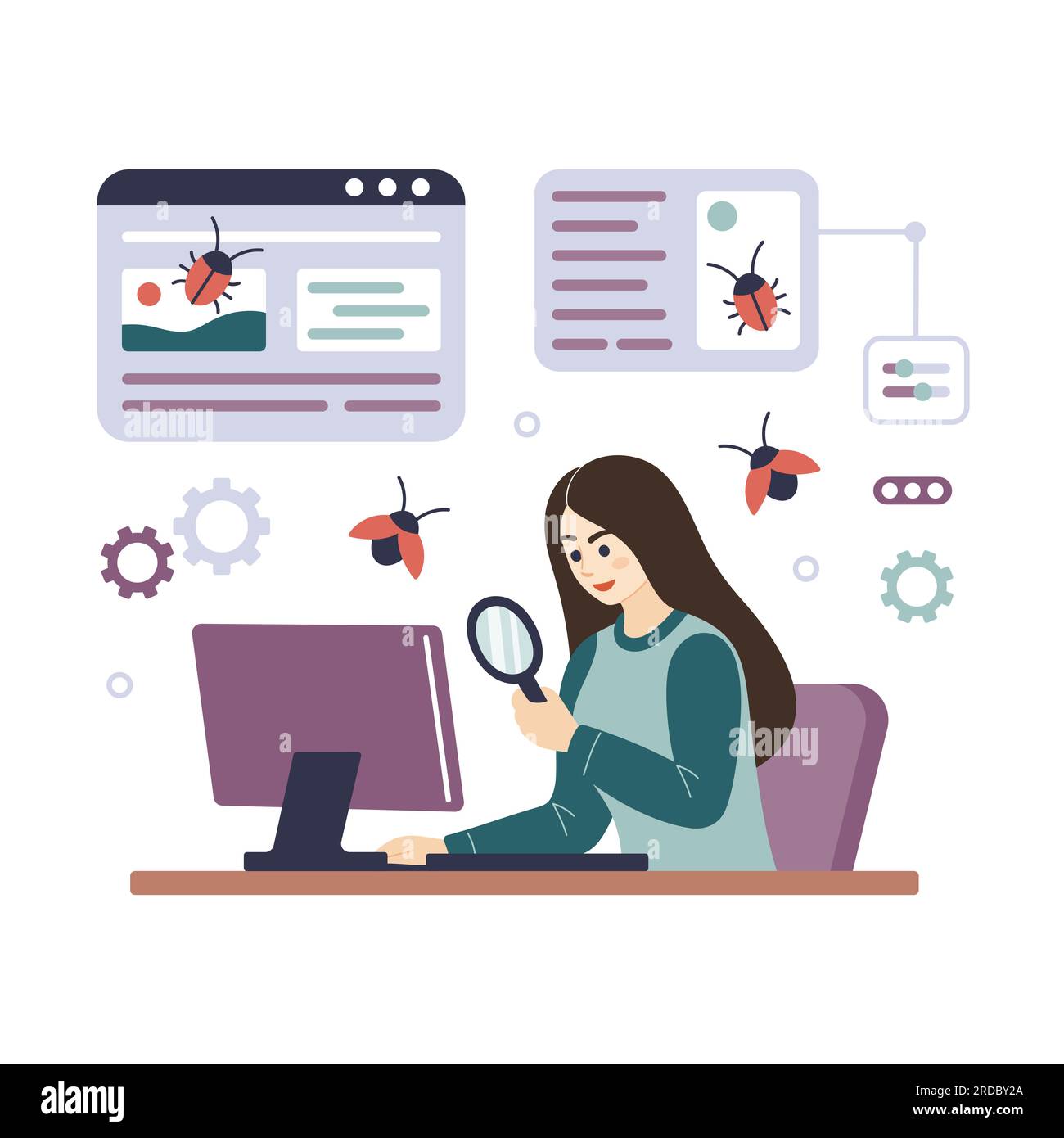 Illustration de dessin animé de personnage féminin de testeur de programmeur. Femme testeur de logiciel à l'ordinateur, trouver des bugs de programme. QA, test, concept de débogage. Illustration vectorielle plate isolée sur blanc Illustration de Vecteur