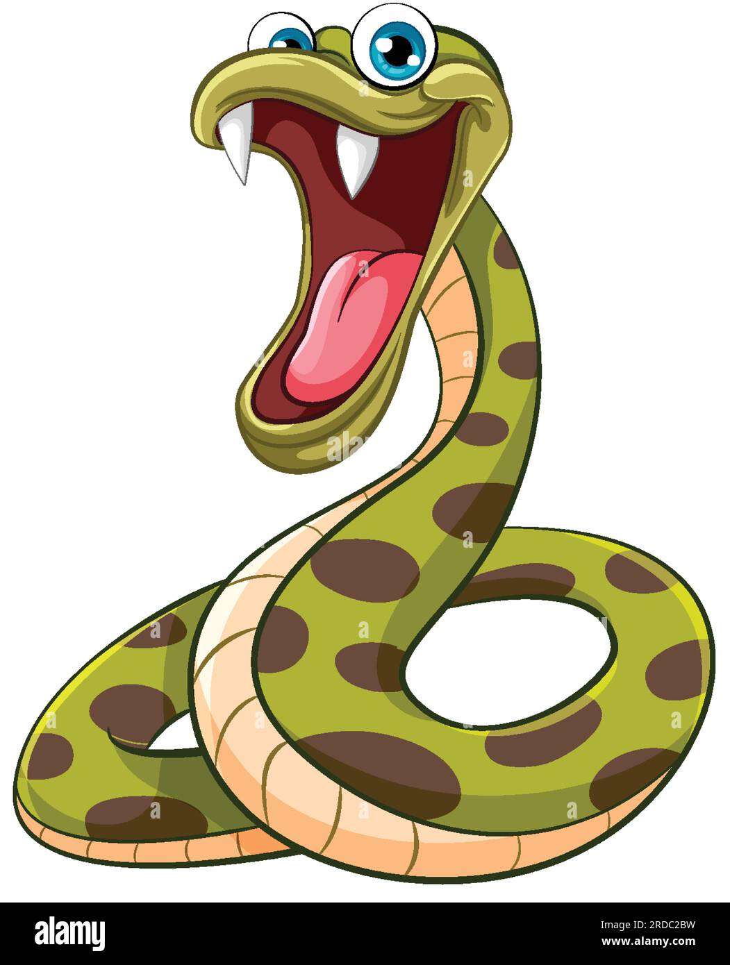 Une illustration de dessin animé d'un serpent à pois vert avec une bouche ouverte et de grandes dents pointues, isolé sur un fond blanc Illustration de Vecteur