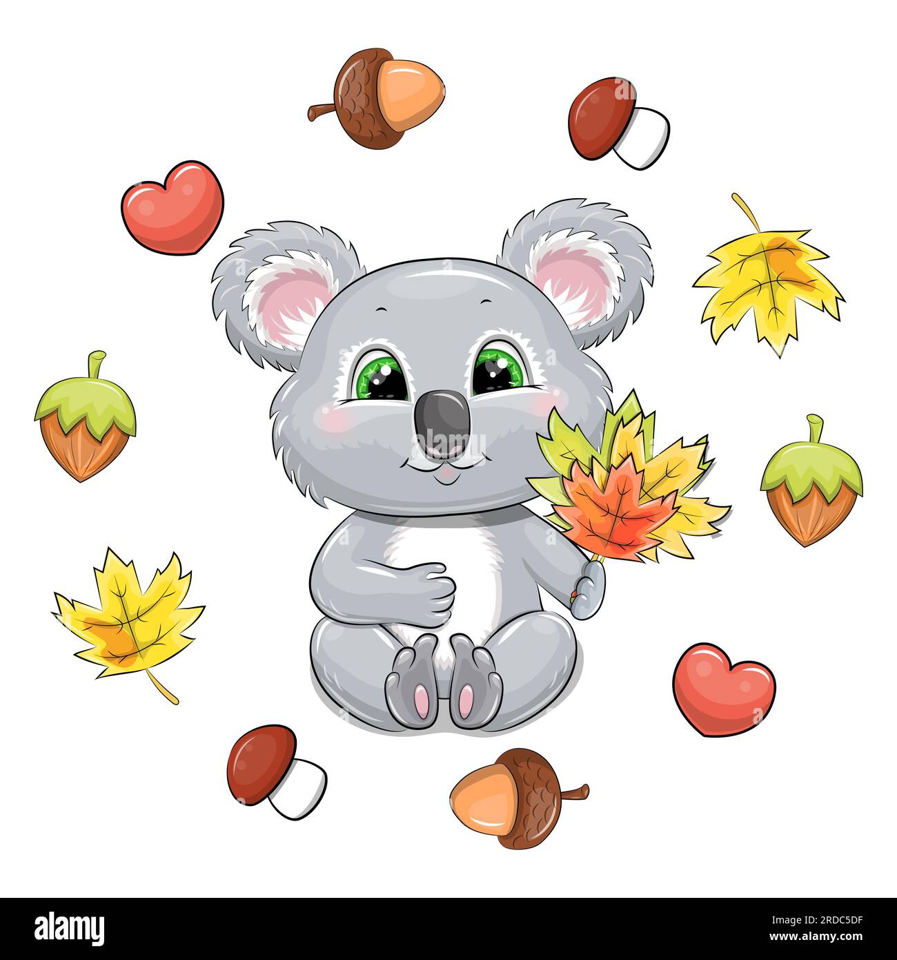 Mignon koala gris de dessin animé avec des feuilles tombées dans un cadre d'automne. Illustration vectorielle d'un animal avec des coeurs, des champignons, des glands, des noix, des feuilles Illustration de Vecteur