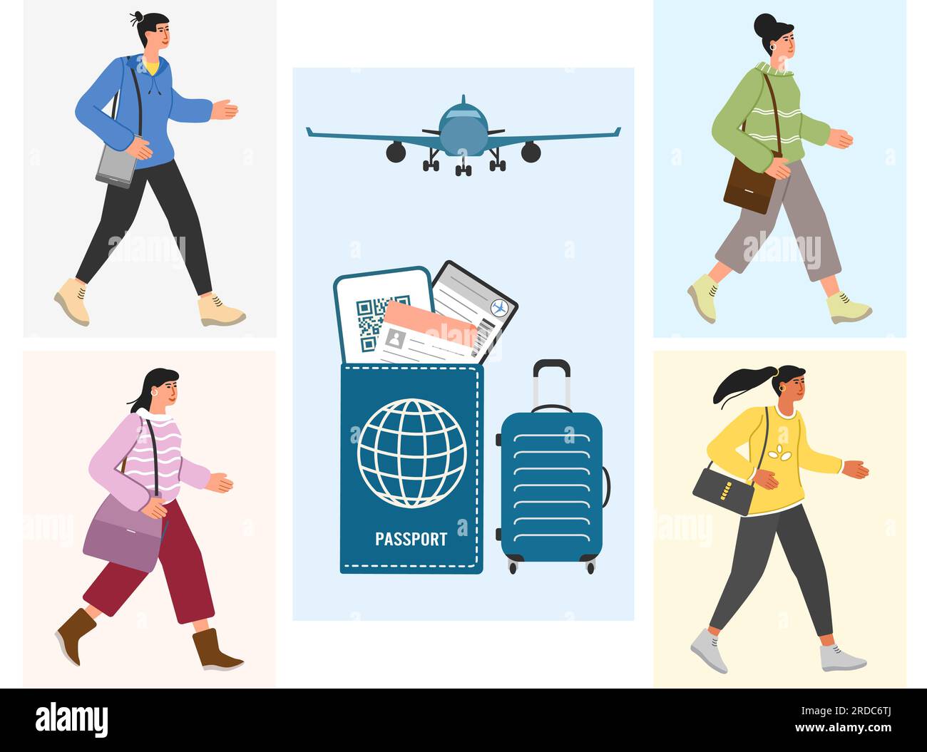 Touristes vacances d'été Homme Femme aventure Tourisme avion bagages billet d'avion Passeport transport concept. Illustration du vecteur de voyage du week-end Illustration de Vecteur