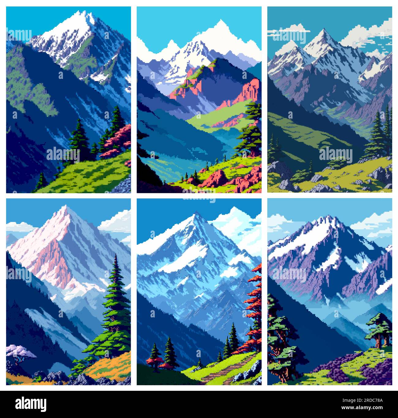 Paysage 8 bits pixel art. Paysage naturel d'été fond de montagne Illustration de Vecteur