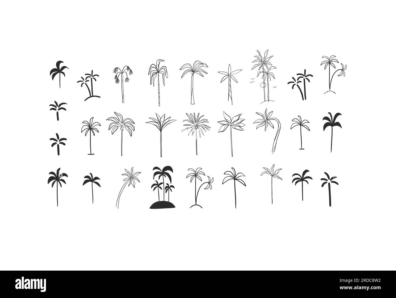 Vecteur dessiné à la main abstrait minimaliste dessin graphique dessin tropical nature exotique palmier ensemble de signe d'icône collection isolé.Voyage d'été Illustration de Vecteur