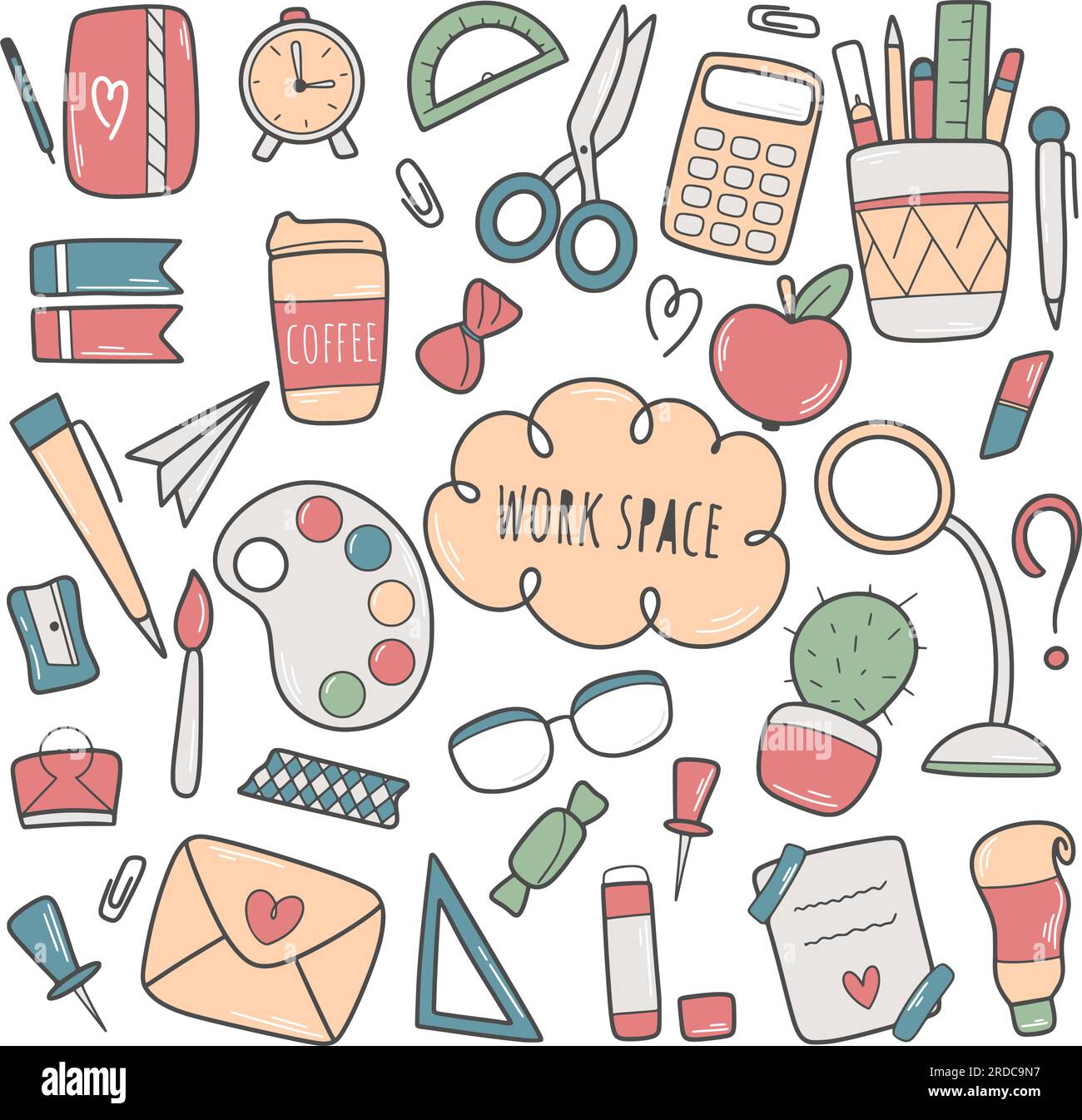 Ensemble d'espaces de travail dessinés à la main. Articles de papeterie pour étudiants, collection de style doodle pour employé de bureau ou élève. Attributs mignons pour le travail et l'étude, vecteur isolé Illustration de Vecteur