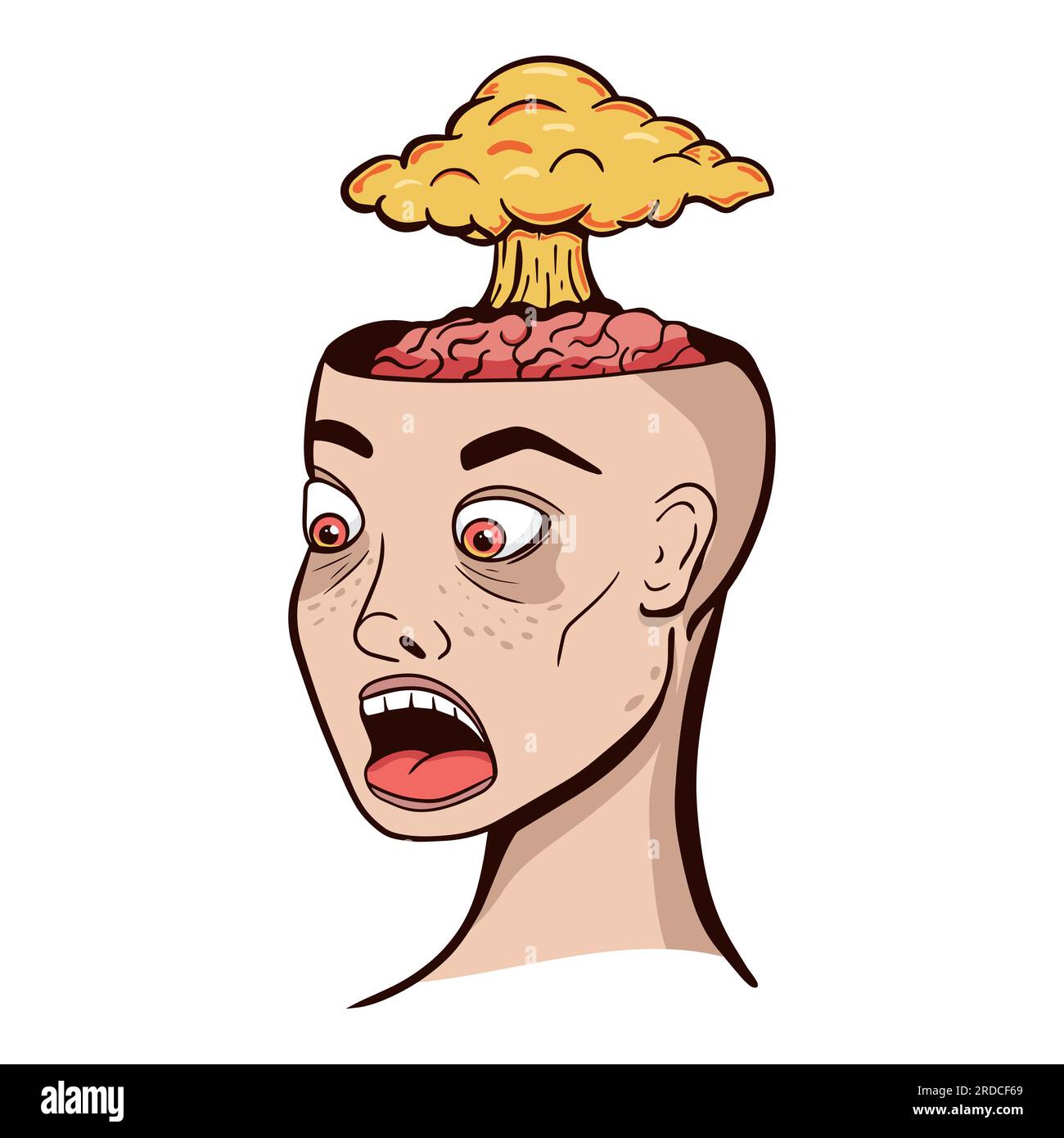 Image de Doodle vectoriel avec la tête humaine avec le cas de cerveau ouvert avec un nuage d'une énorme explosion nucléaire. Concept époustouflant. Illustration de Vecteur