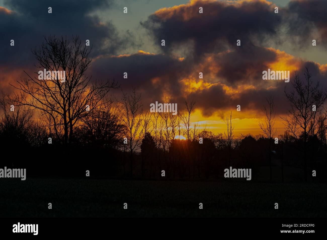 Un lever de soleil coloré avec une lumière dorée et des nuages atmosphériques. Suffolk, Royaume-Uni . Banque D'Images