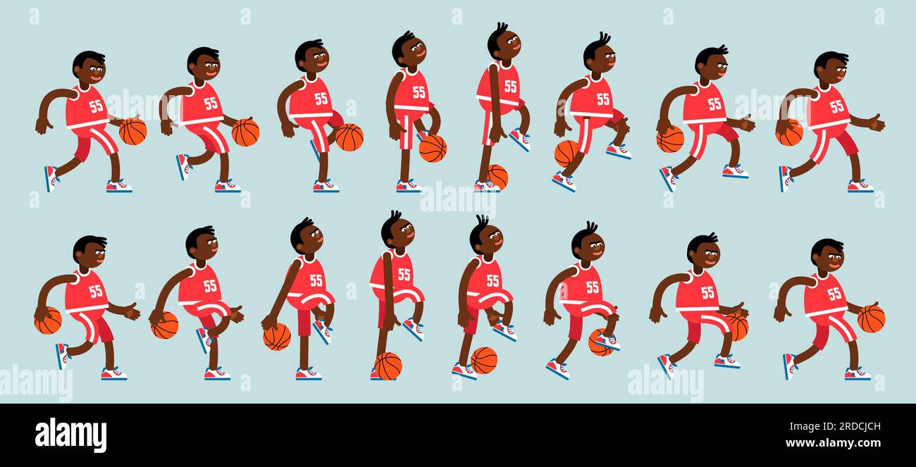 Un joueur de basket-ball afro-américain caricaturiste dribble un ballon Illustration de Vecteur