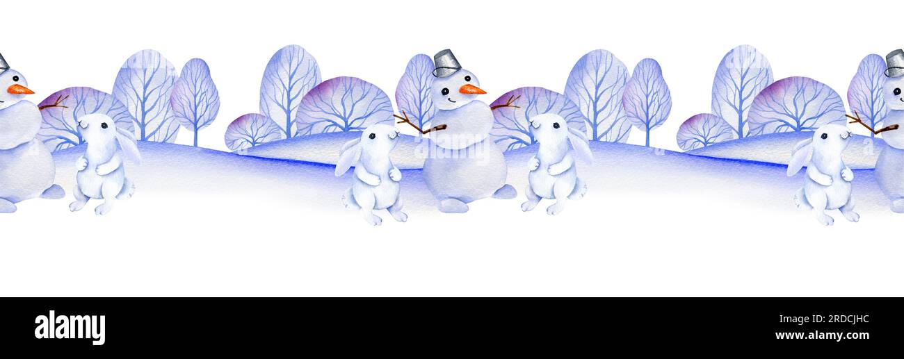 aquarelle frontière sans couture avec des arbres d'hiver, des bonhommes de neige et des lapins mignons, illustration dessinée à la main de la forêt de noël, fond de vacances pour la carte isola Banque D'Images
