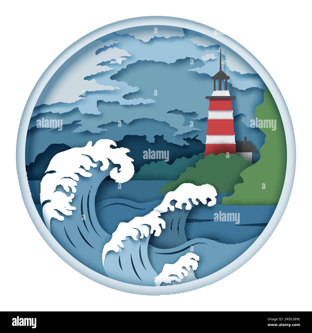 Phare et vagues déchaînées, illustration vectorielle dans le style d'art de papier Illustration de Vecteur
