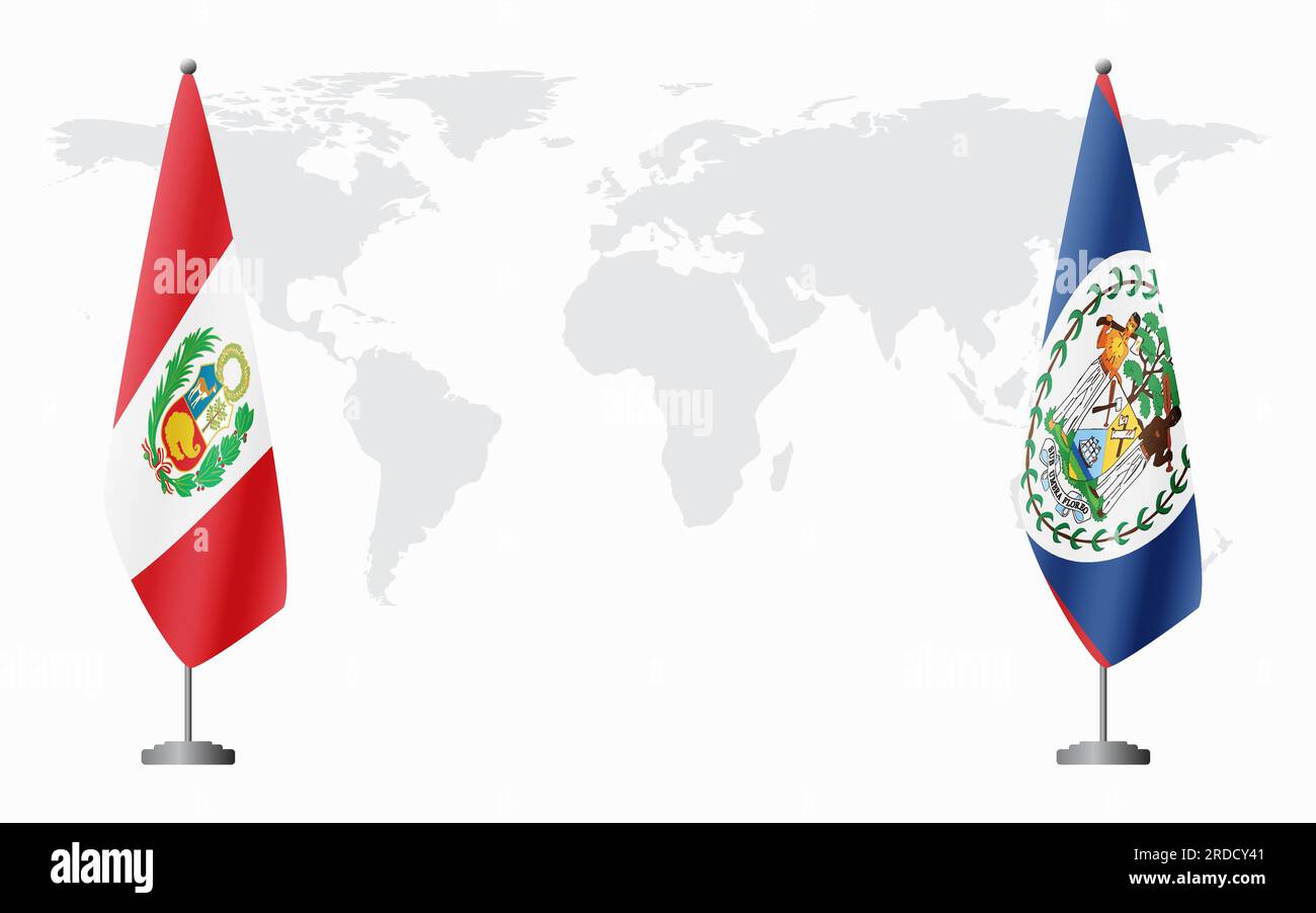 Drapeaux du Pérou et du Belize pour la réunion officielle sur fond de carte du monde. Illustration de Vecteur